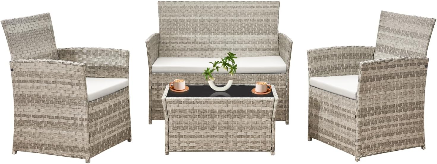 4 pc Grey Rattan Garden Furniture Set, 2 pcs Rattan Chairs,1 pcs Outdoor Loveseat, Glass Coffee Table and Beige Cushions