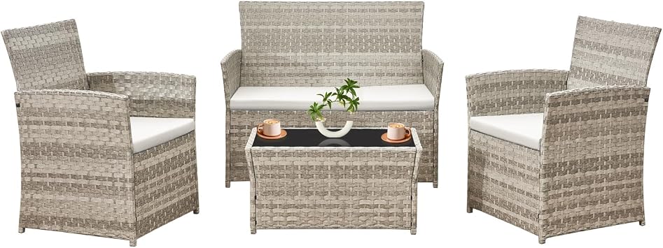 4 pc Grey Rattan Garden Furniture Set, 2 pcs Rattan Chairs,1 pcs Outdoor Loveseat, Glass Coffee Table and Beige Cushions