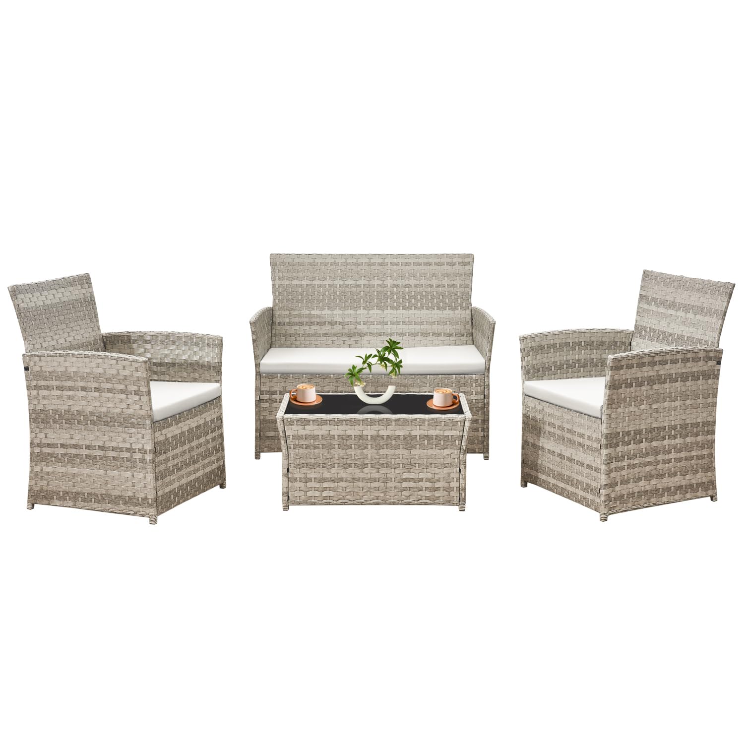 Yaangagpe 4 pc Grey Rattan Garden Furniture Set, 2 pcs Rattan Chairs,1 pcs Outdoor Loveseat, Glass Coffee Table and Beige Cushions