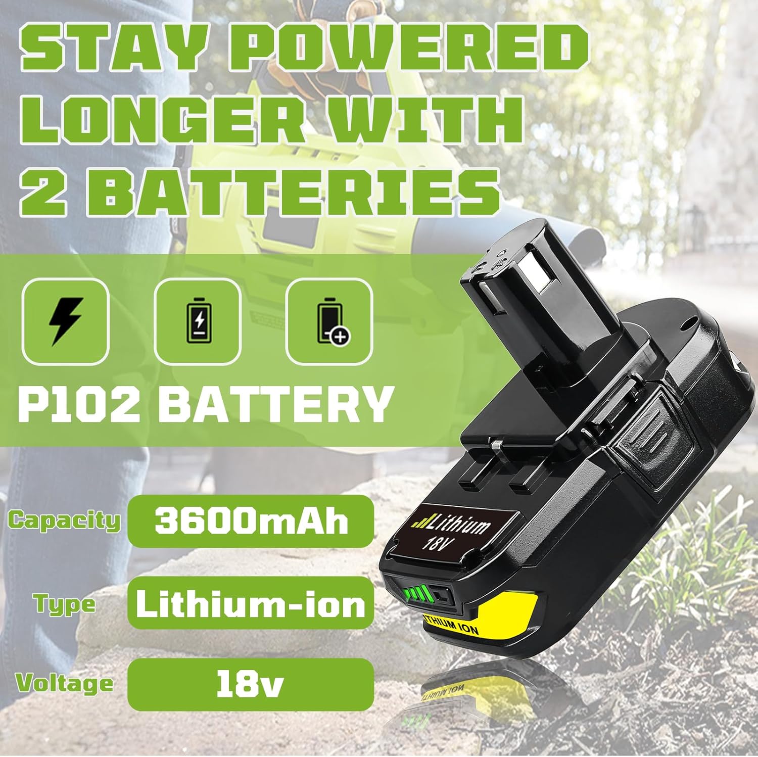 VINIDA Upgraded 2 Pack P102 3.6Ah Replacement Batteries for ryobi 18v Battery and P117 Charger Compatible with P108 P103 P104 P105 P107 P109 and P122 Cordless Tools and Chargers