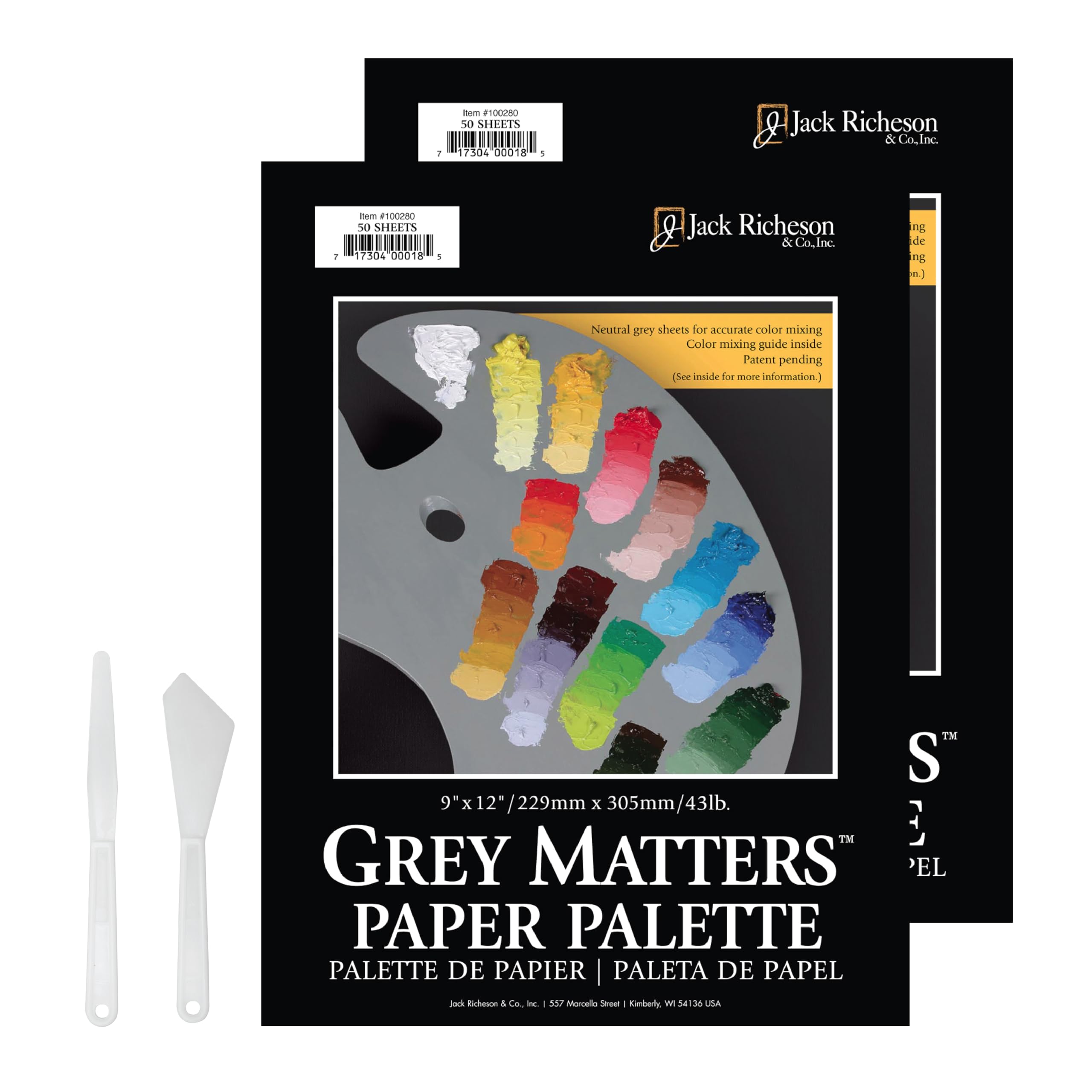 Jack Richeson Grey Matters Disposable Paper Palette 9” x12”, 2 Pack, Includes 2 Palette Knives