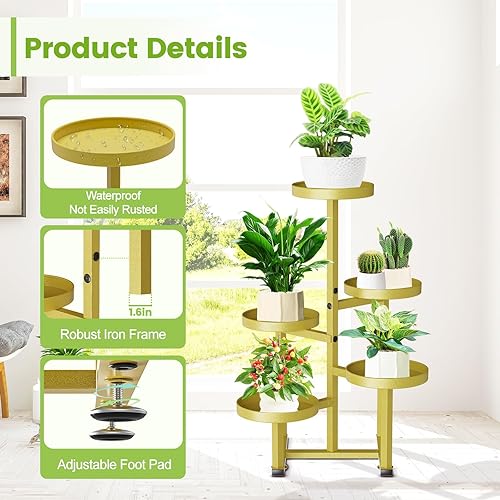 Miniatura 3 de Soporte para plantas de 5 niveles dorado para interiores y exteriores, estante esquinero de metal para múltiples plantas, soporte para macetas,