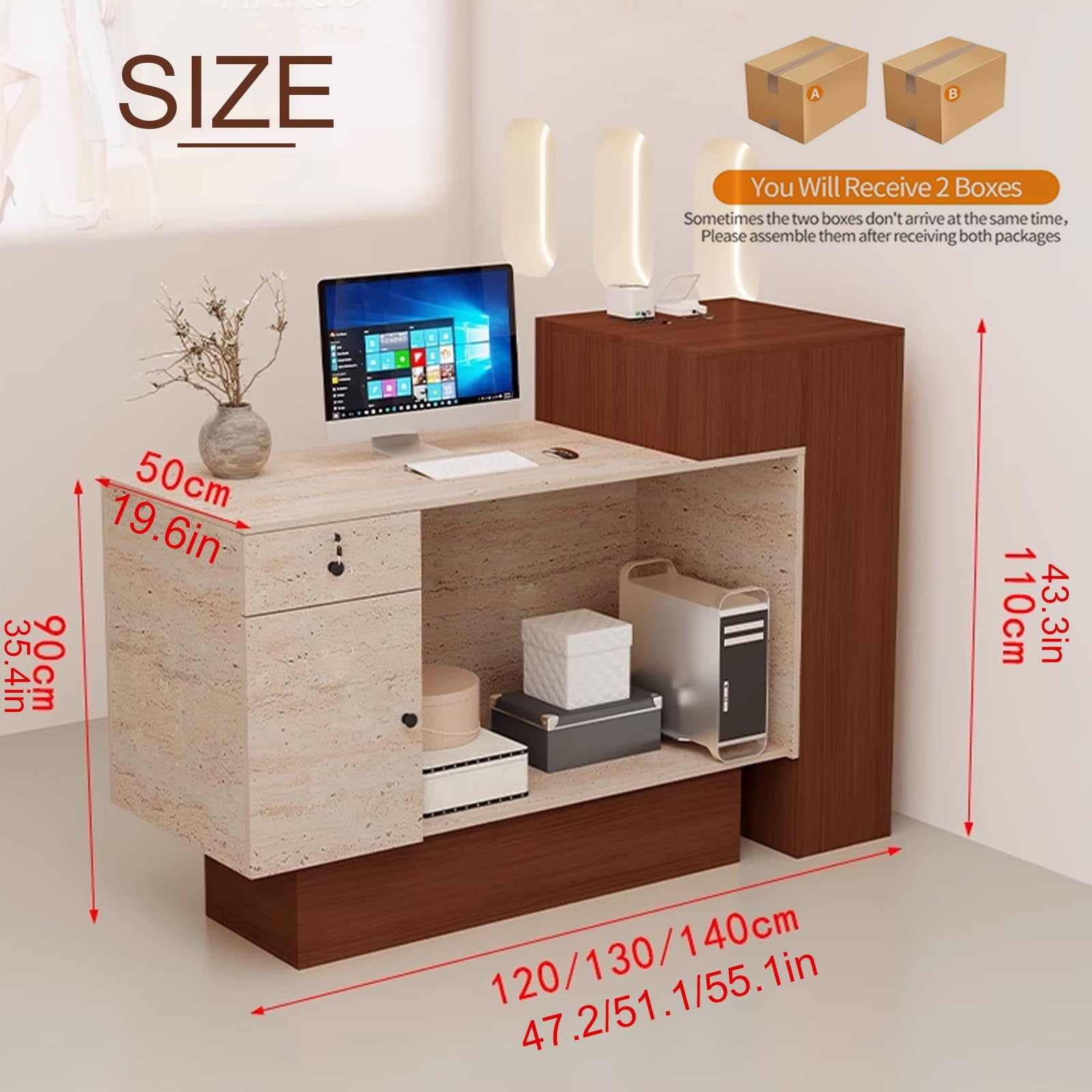 Scrivania da reception in legno, con cassetto chiudibile a chiave, tavolo da ufficio per casa e ufficio, 150 cm, elegante soluzione di archiviazione per reception e soggiorno
