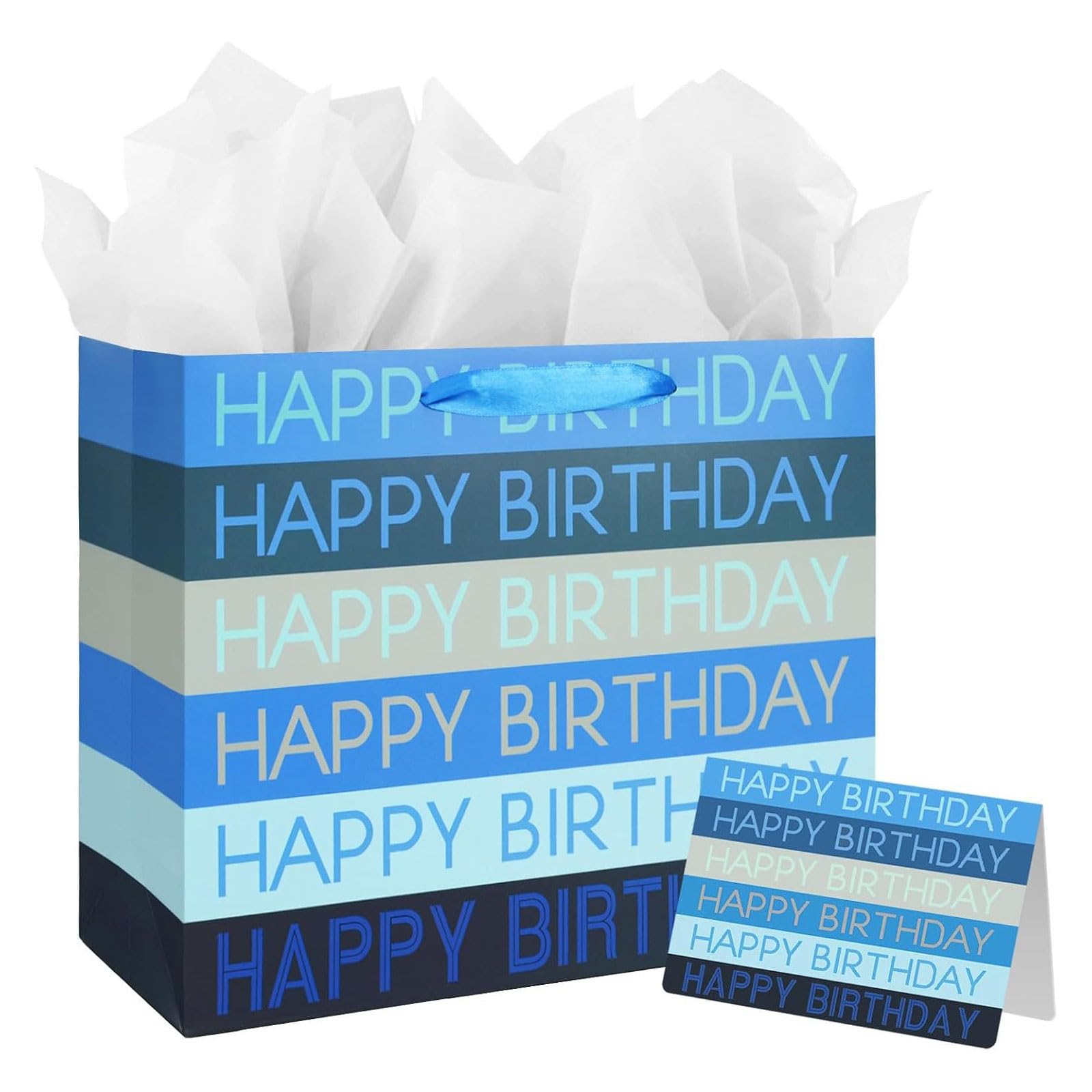 Birthday Gift Bag for Presents, Medium Gift Bags with Greeting Card and Tissue Paper for Kids Adult Men Women's Birthday (BlueStripes)