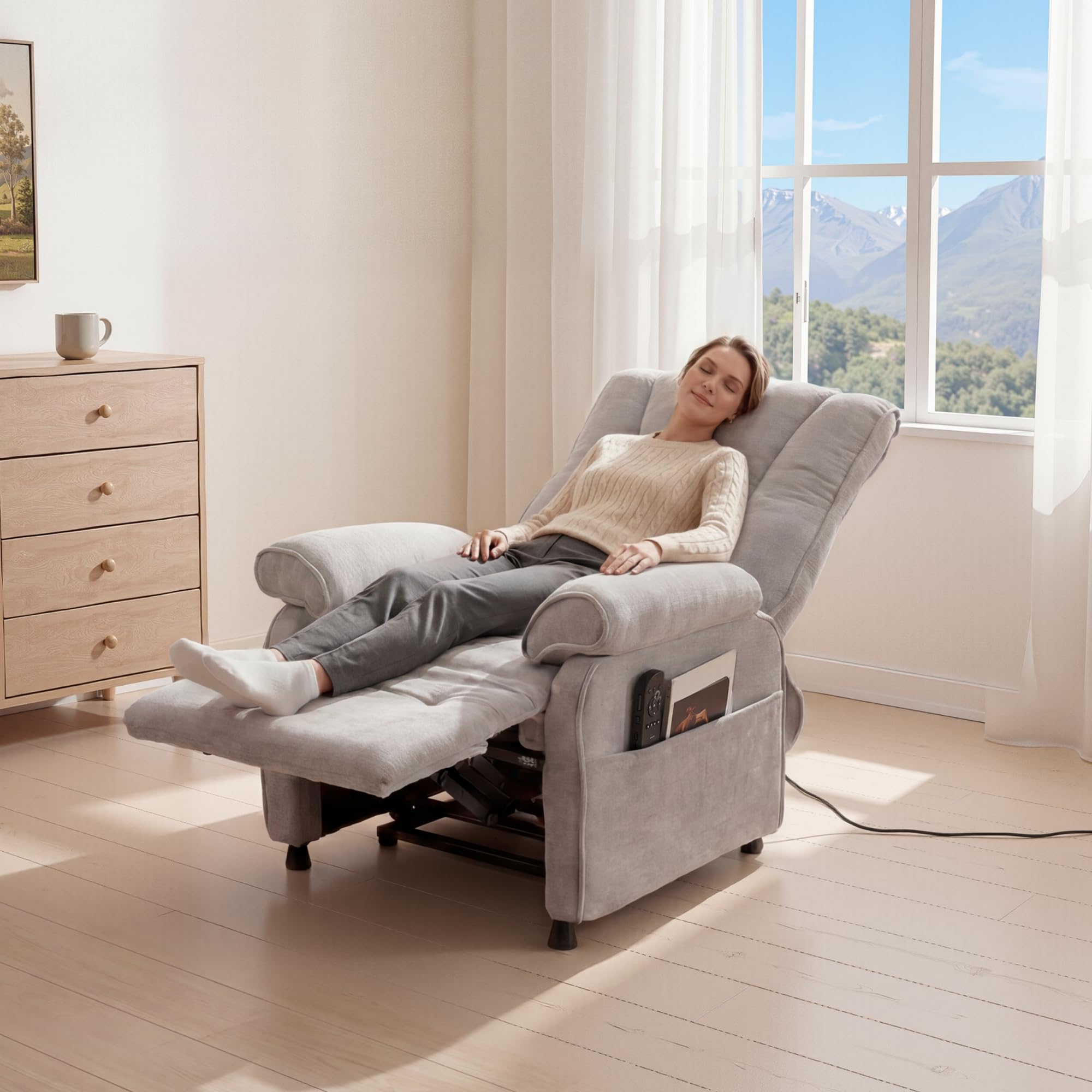 FLEXISPOT Elektryczny fotel relaksacyjny 95°–155° – 155°, uchwyt 150 kg, ergonomiczny fotel telewizyjny z podnóżkiem, regulowane oparcie, gruba wyściółka, kieszeń boczna, jasnoszary