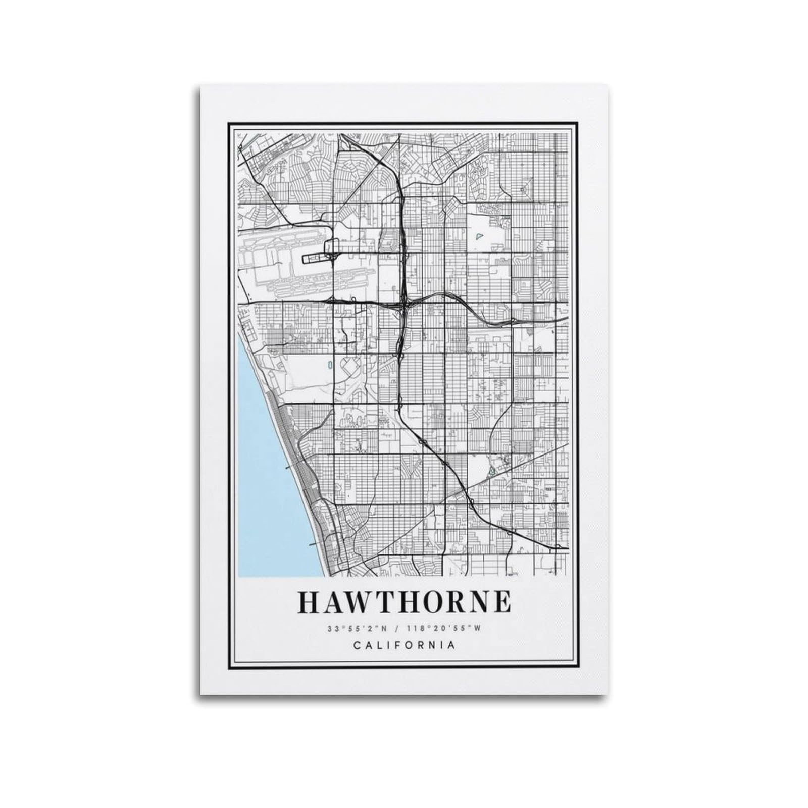 xiaoxiaoshen Hawthorne California Map Canvas Poster Wall Art Prints Room Aesthetic Murals Bedroom And Living Decorations 20x30inch(50x75cm)
