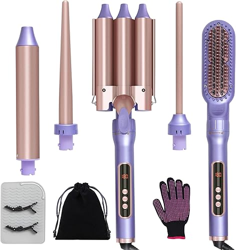 Juego de rizador de pelo, rizador de triple barril con barriles intercambiables y cepillo alisador para peinado rizado y recto, ajuste de