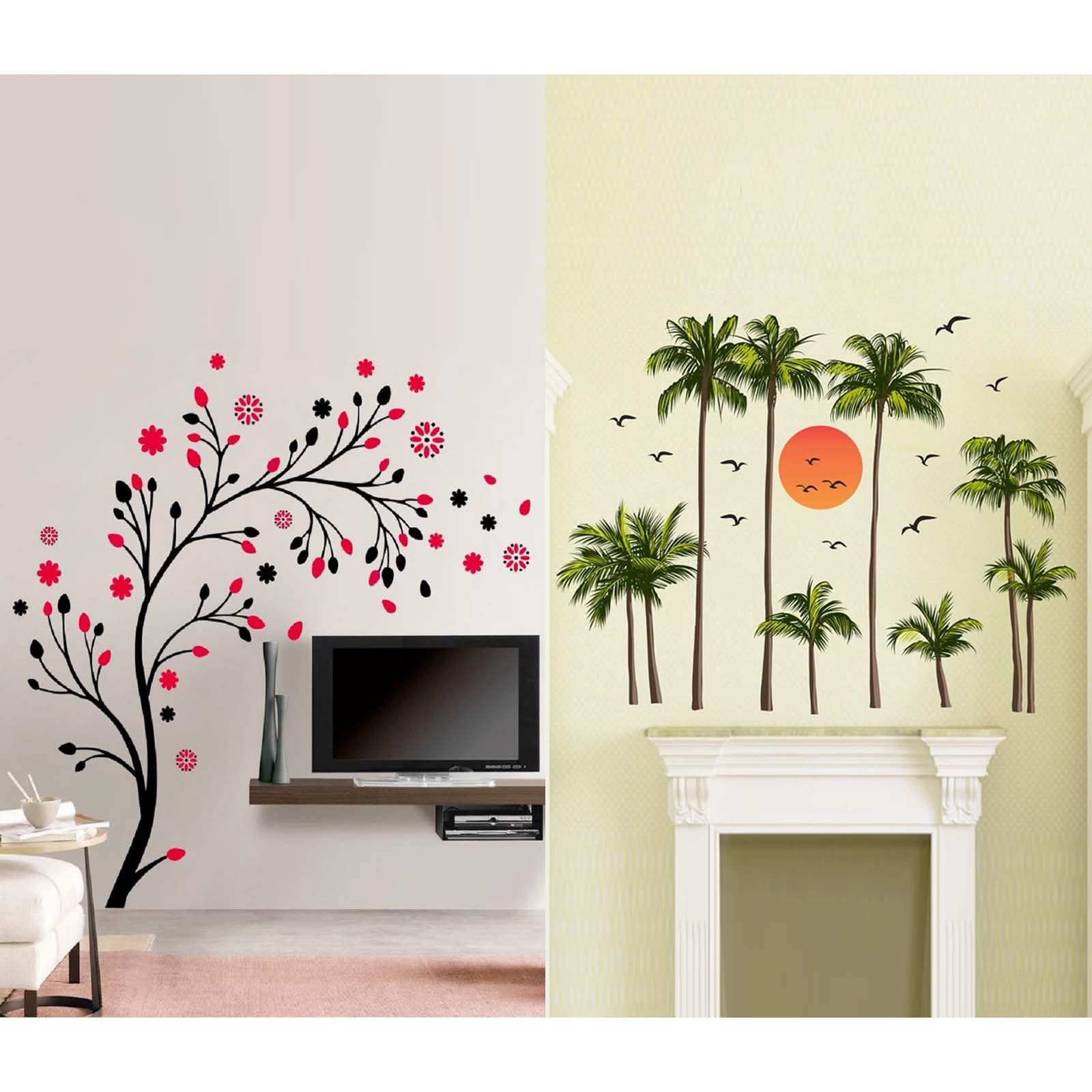 Set of 2 Wall Stickers Magical Tree | Coconut Trees with Sun for Home, Hall, Bedroom, Livingroom & Kitchen
