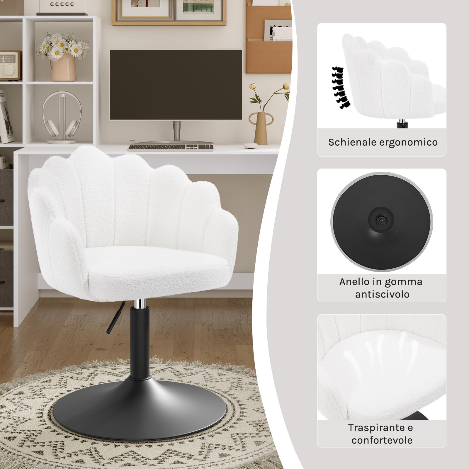 WOLTU Sedia da Trucco, Poltrona Girevole in Tessuto Bouclé, Sgabello da Trucco Regolabile in Altezza per Camera da Letto, Soggiorno, Bianco