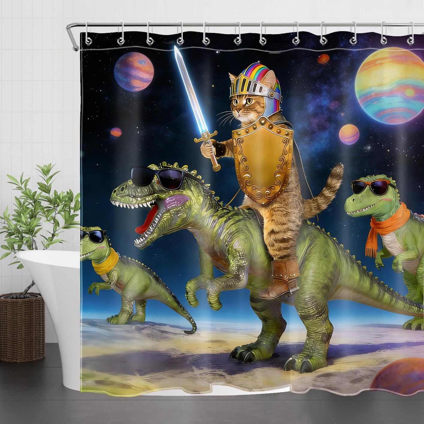 Funny Cat Shower Curtain, Cute Cat Riding Dinosaur, 72x72 Inch image 2