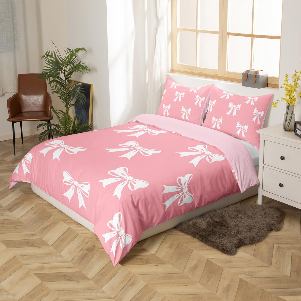 Homemissing White Bowknot Duvet Cover Set Single Size For Kids Girls Teens Bedroom Cute Bow Pink Bedding Set Bow Ribbon Comforter Cover with 1 Pillowcase - Image 2