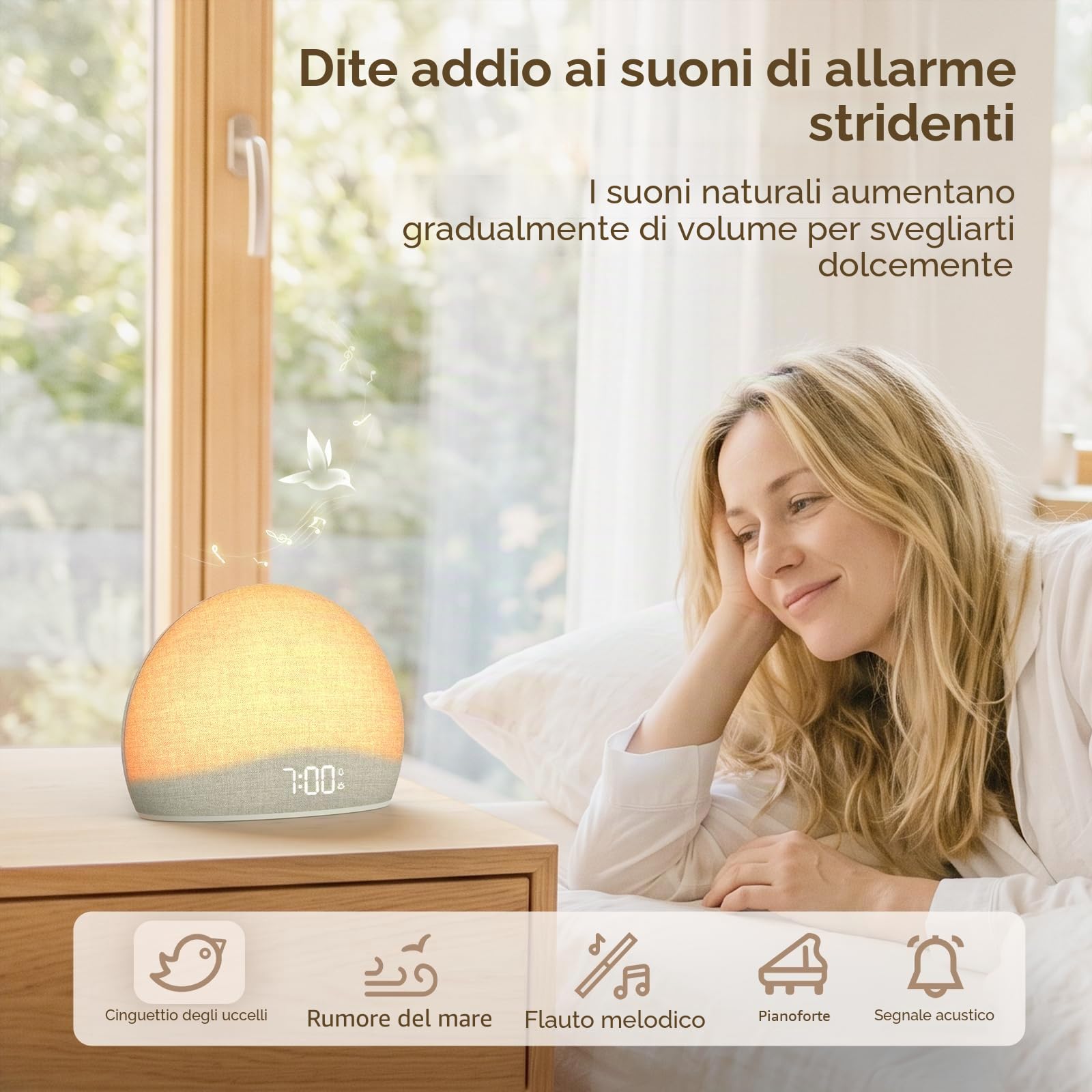 DOUMOSH Sveglia con Luce Alba e Macchina del Rumore Bianco | Luce Naturale per un Risveglio Dolce, 20 Suoni Rilassanti, Display Regolabile, Design Senza Schermo