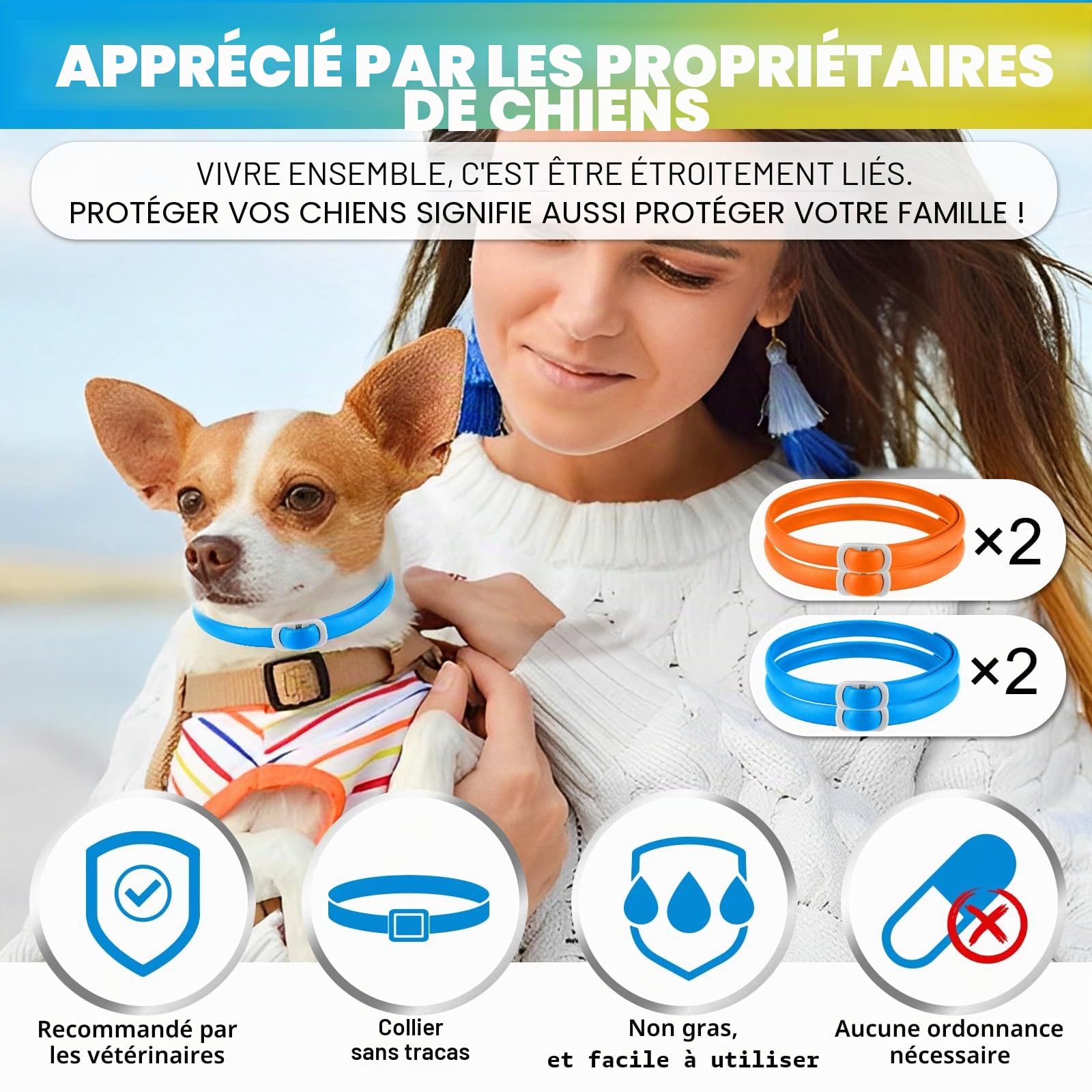Collier Anti Puces pour Chien, 4 Pièces Anti Tiques pour Chien, Réglable et Imperméable, Sûr et Naturel, Longueur 60cm, Protection 24 Mois, pour Chiens de Petite Moyenne et Grande Taille (Bleu&Orange)