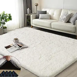 3x5 Rugs for Bedroom, Large Fluffy Cream White Area Rugs for Living Room, Soft Shag Kids Rug Small Carpet with 4 Non-Slip Rug Pads (3ft x 5ft, Cream White)