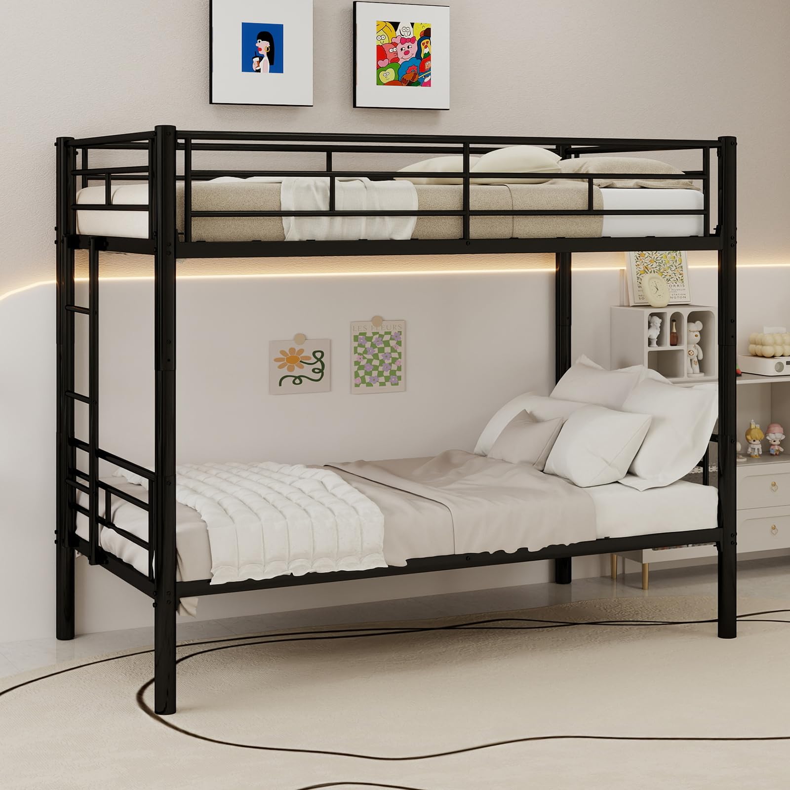 Metal Bunk Bed Twin Over Twin, Heavy Duty Bunk Beds with Ladder and Full-Length Guardrail for Kids/Teens/Adults, Convertible into 2 Beds, Under-bed