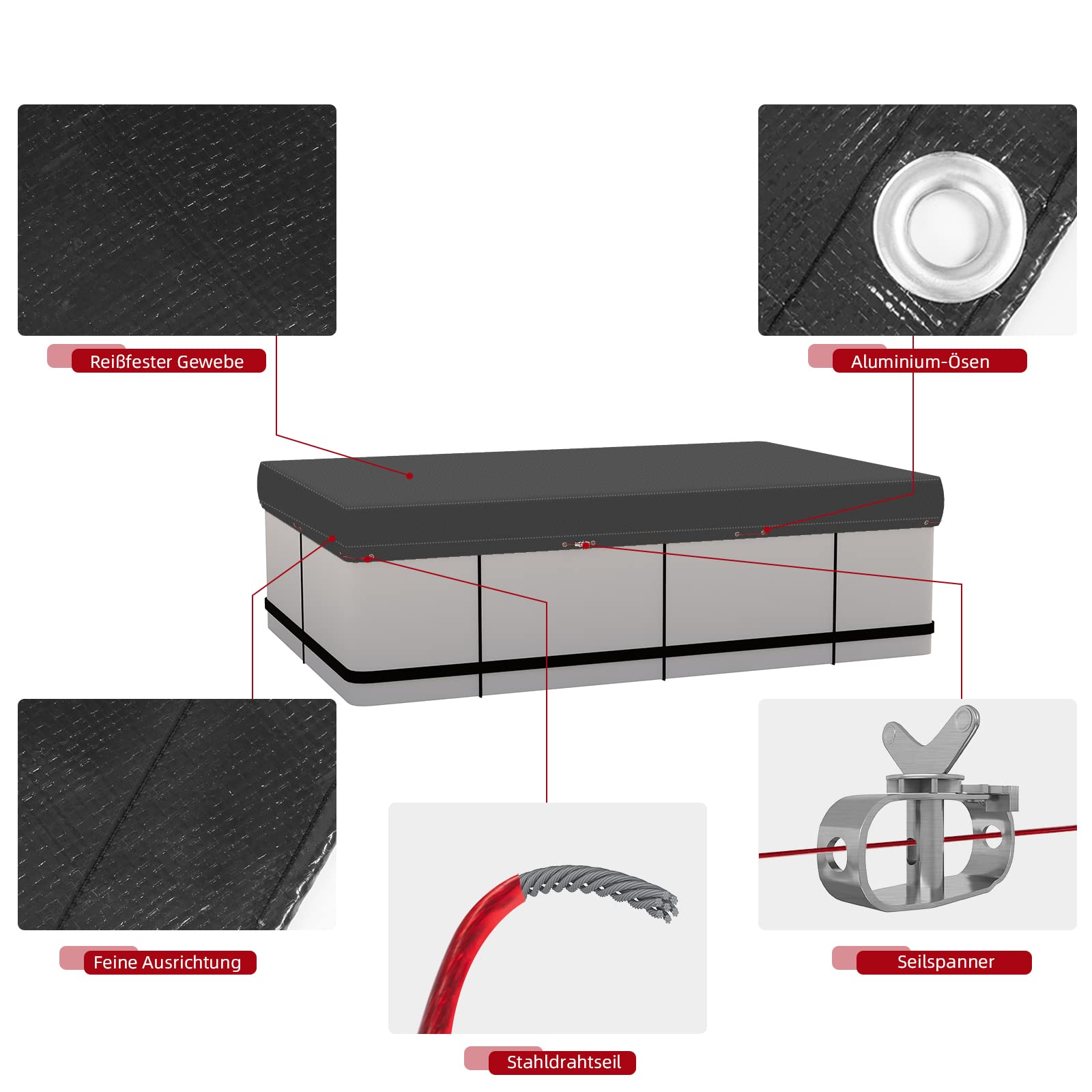 WOLTU Poolabdeckung Rectangular 300x200x20cm wasserdicht, Solarplane Winterabdeckplane aus 200 g/m² PE, Abdeckplane mit Drahtseil und Aluminium-Befestigungselement, dunkelgrau