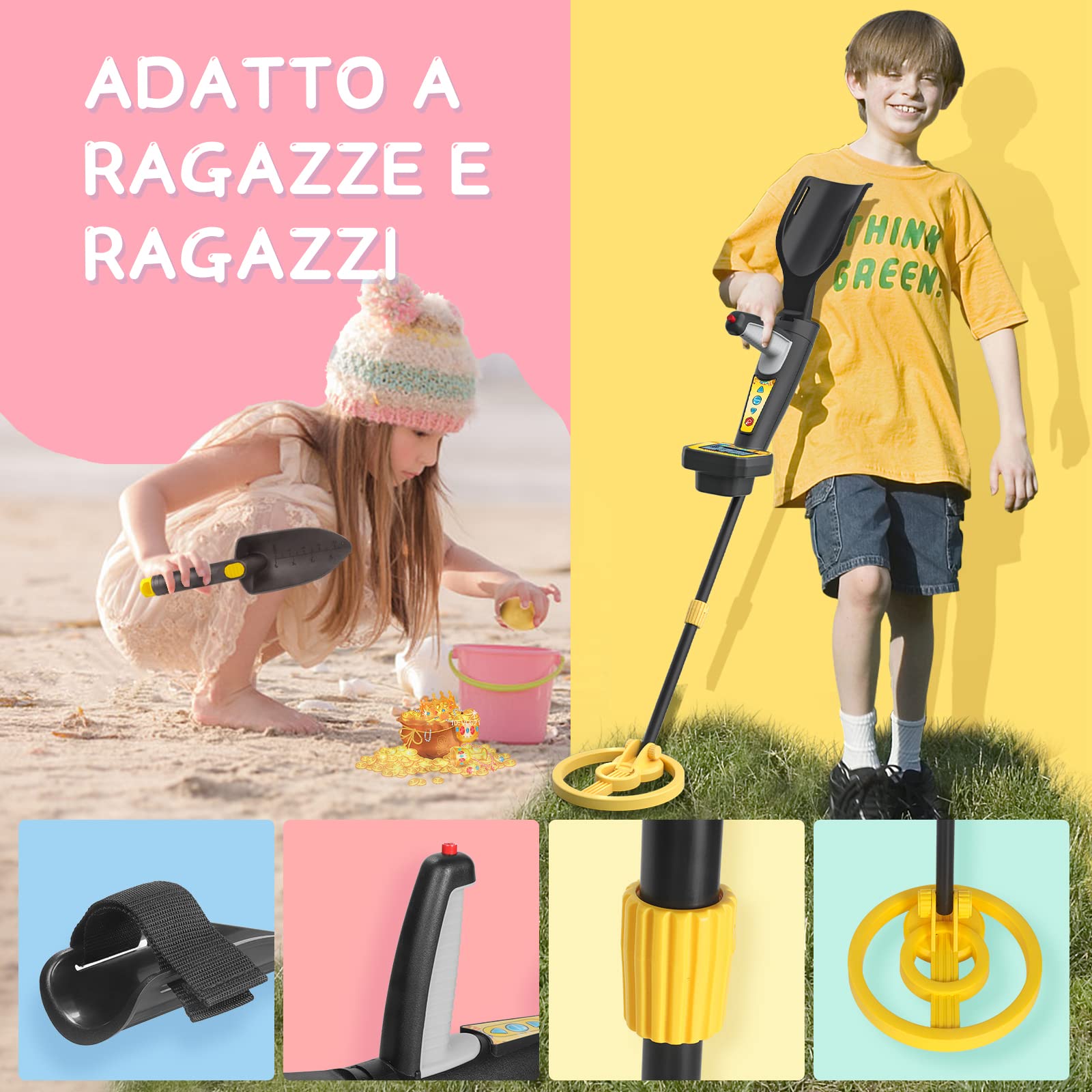 Rivelatore di metallo per bambini, impermeabile, con paletta per bambini, bobina di ricerca da 7,5" con display LCD