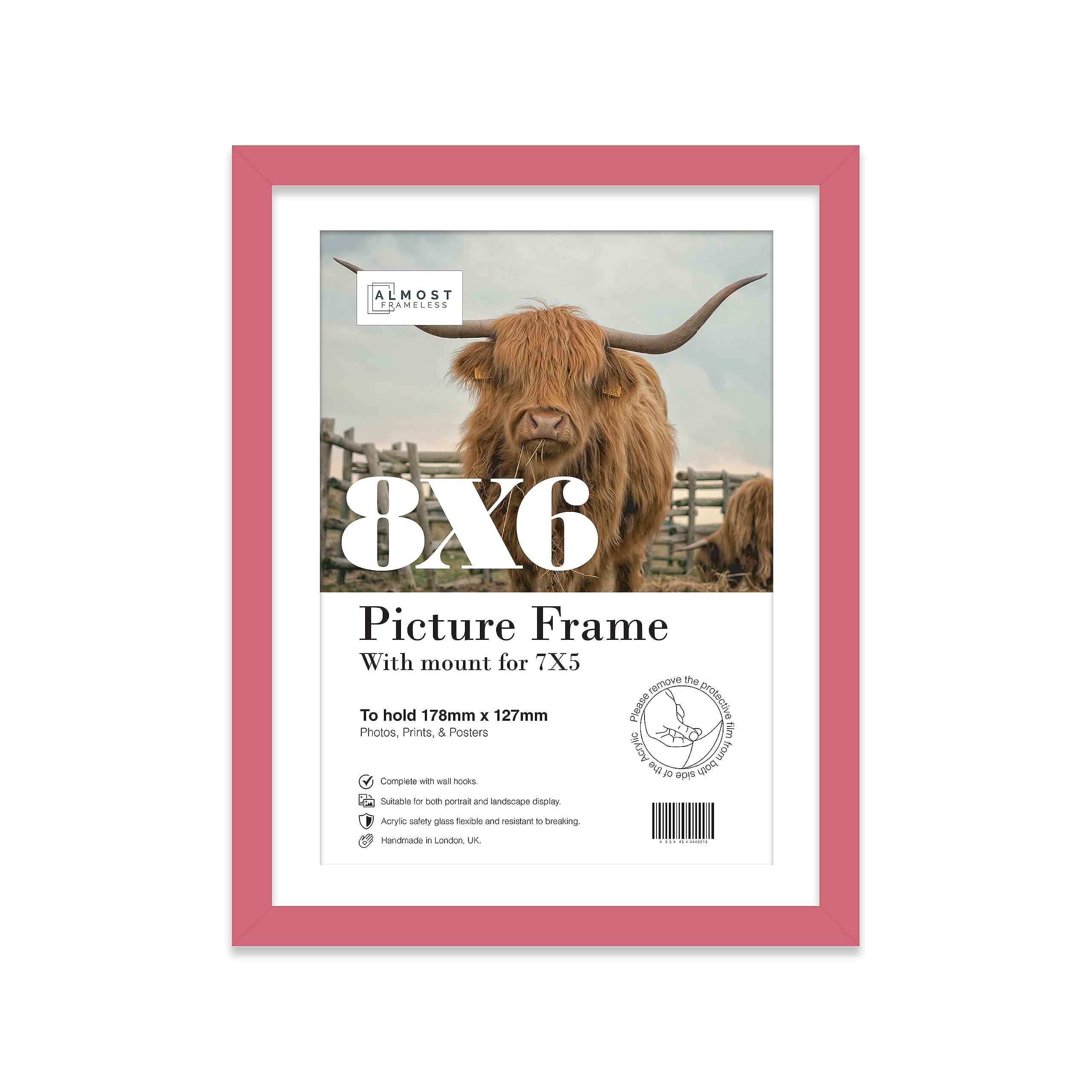 Almost Frameless 8x6 Pink Picture Frame With Mount for 7x5 Print, Poster or Photo Poster, Photo, Artwork, or Print. Thin Edge Slim Frame Portrait and Landscape Display with Wall Hooks