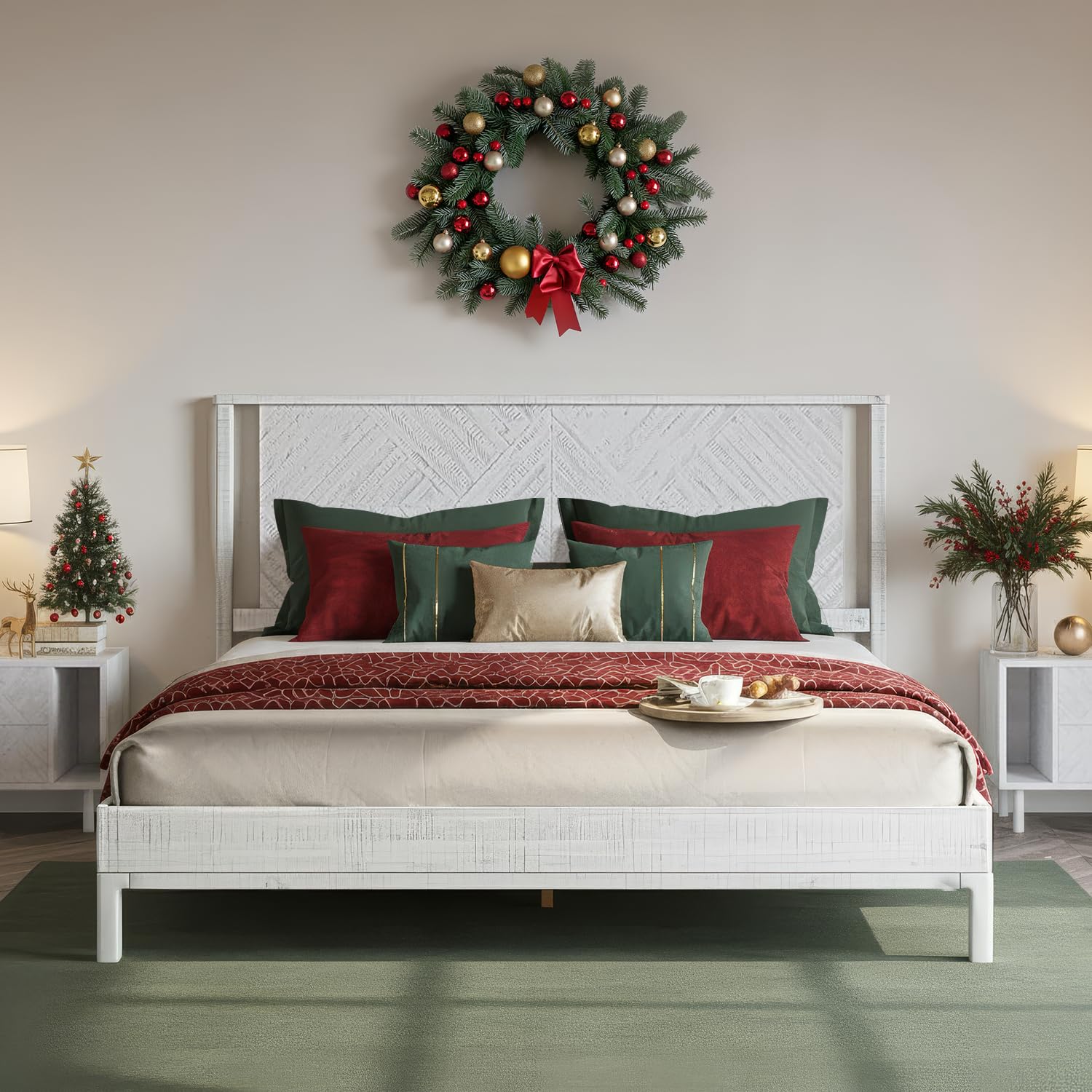 Bme Ethan Solid Wood King Bed Frame with Diamond Headboard - Rustic &amp; Mid-Century Modern - Acacia Wood Platform Bed - Compatible with All Mattresses - No Box Spring Needed - Rustic White