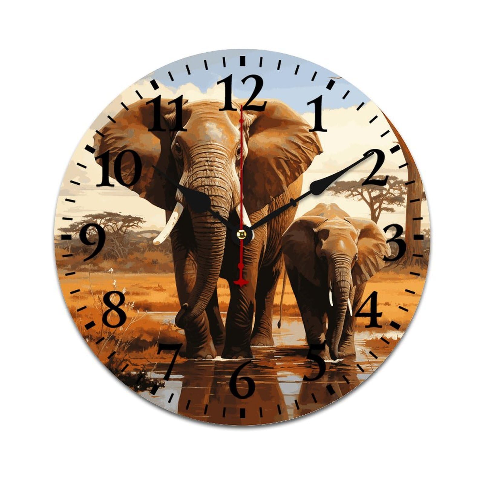 NTVOWPZO 10 Inch Wall Clock Wooden Elephant Family Battery Operated Wall Clocks Silent Non-Ticking Square Wall Clock for Living Room Kitchen Home Office Wall Decorative Clocks