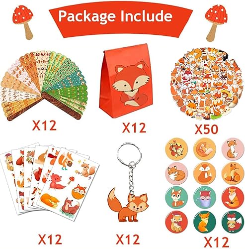 Miniatura 2 de 110 pulseras con temática de zorro, llaveros adhesivos, insignias, tatuajes temporales, bolsas de regalo para niños, criaturas del bosque, zorro,