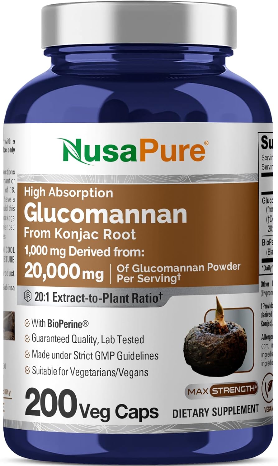 NusaPure Glucomannan 20,000 mg per Serving 200 VCaps (20:1 Extract, BioPerine Non-GMO, Vegan) Konjac Root