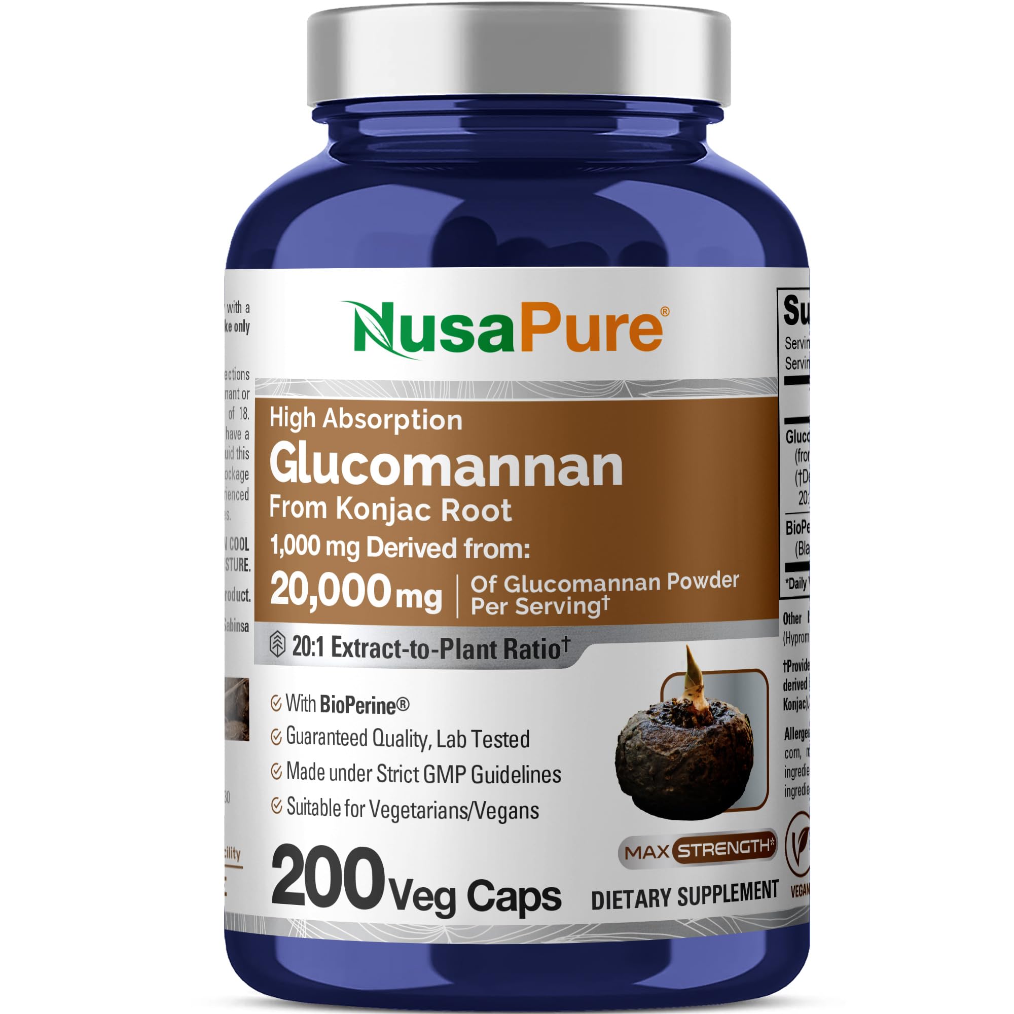 NusaPure Glucomannan 20,000 mg per Serving 200 VCaps (20:1 Extract, BioPerine Non-GMO, Vegan) Konjac Root