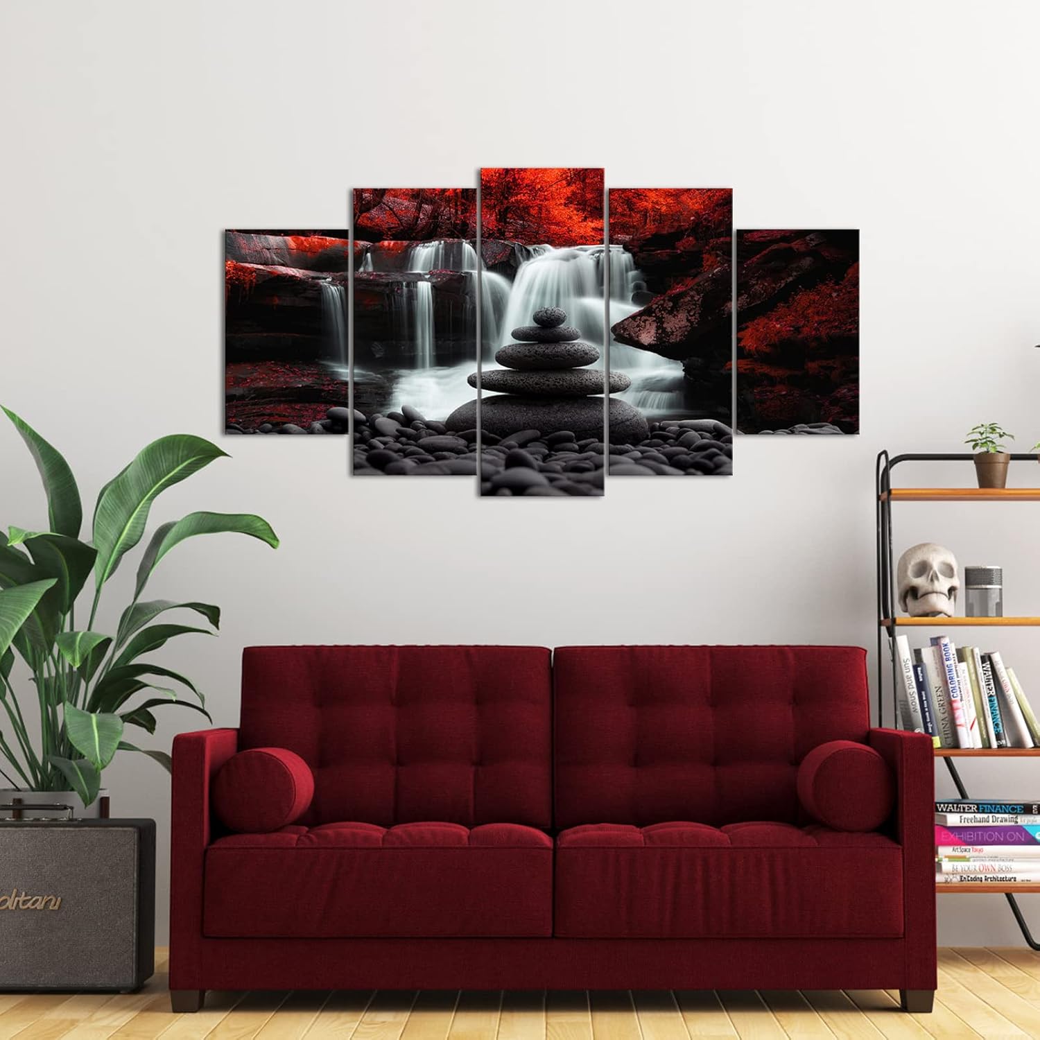 Conipit Black White and Red Waterfall Wall Art Zen Stones Landscape Artwork Red Trees Forest Canvas Falls Picture Prints Autumn Wall Decor for Living Room Framed (60''x32'') - Image 2