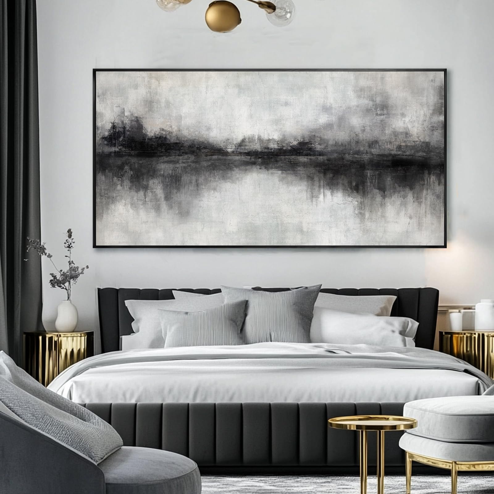 Photo 1 of Large Abstract Canvas Wall Art Black and Grey Art Pictures for Wall Decor 29"x58" Artwork Decoration for Living Room Framed Neutral Wall Prints Kitchen