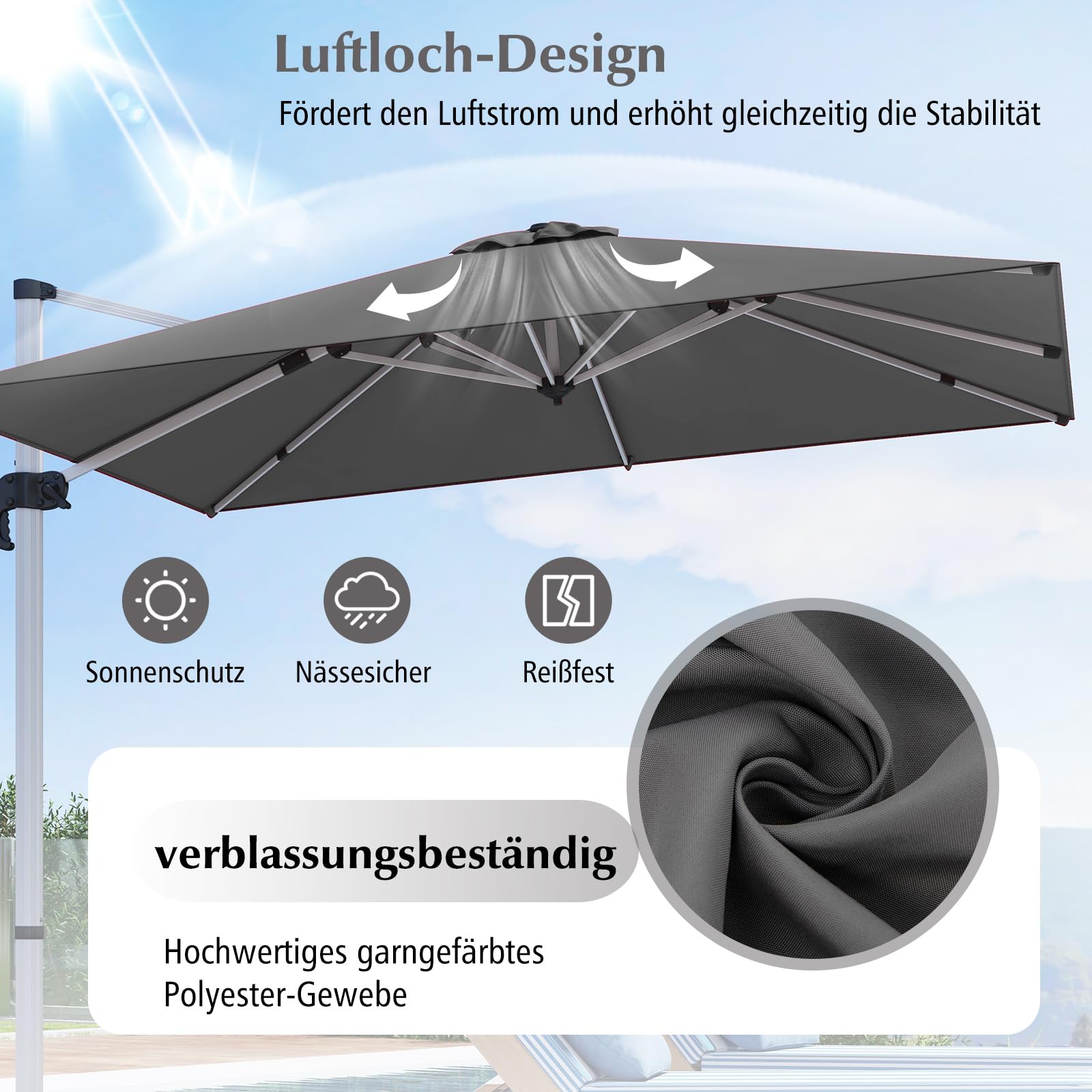 COSTWAY Parasol przeciwsłoneczny, prostokątny, 300 x 300 cm, duży parasol przeciwsłoneczny z korbą, parasol ogrodowy, odchylany o 360°, parasol tarasowy, do ogrodu, na taras, balkon, szary