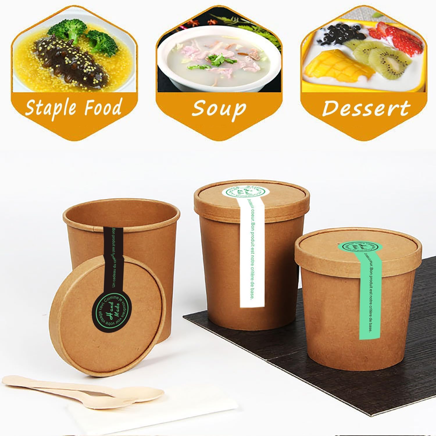 [25 juegos – 8 onzas] Recipientes de papel kraft para sopa de alimentos con tapas ventiladas, cuencos desechables para microondas, tazas de helado, ideales para restaurantes – 30 etiquetas