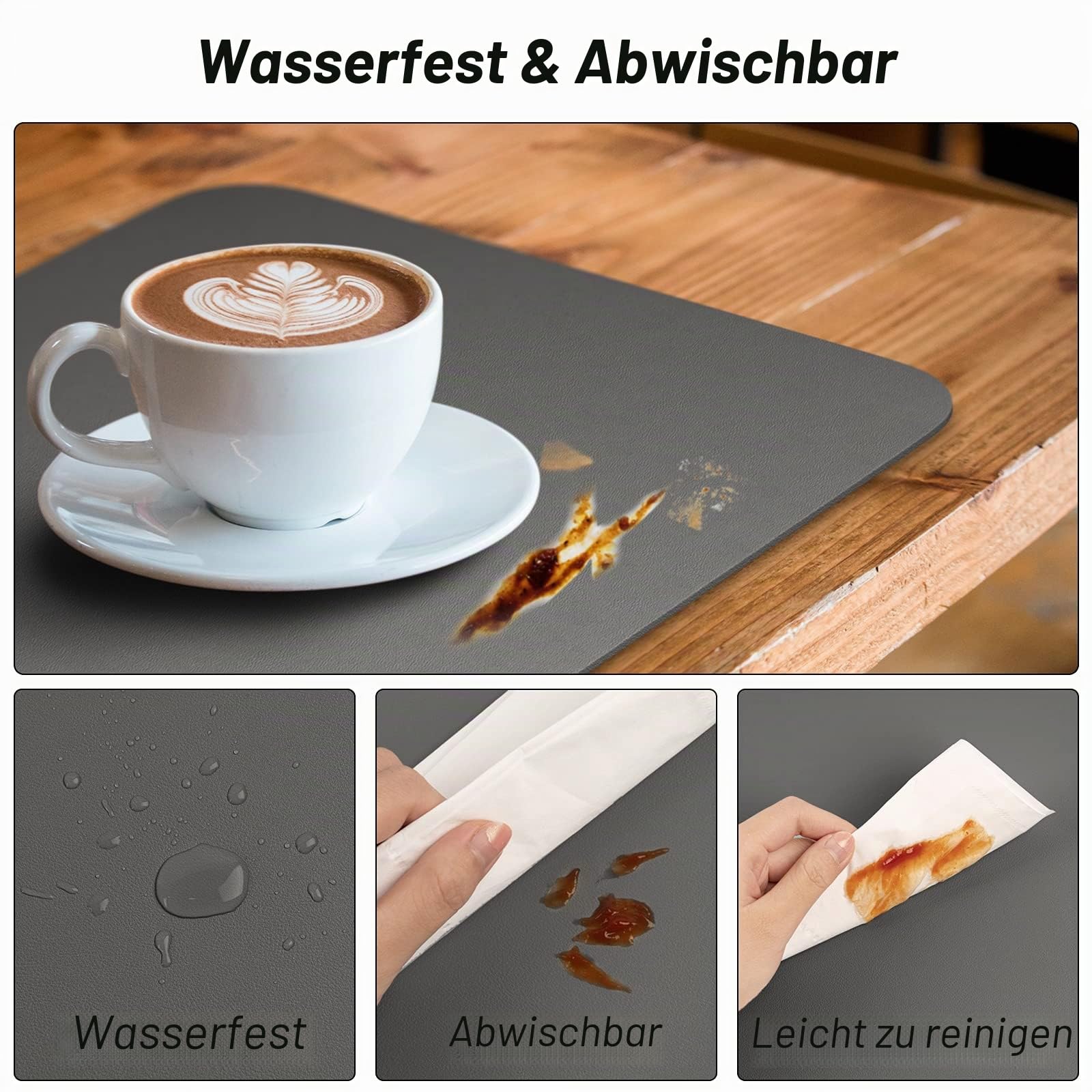 6er Set Tischsets Abwaschbar,Abwischbar Lederoptik Platzset und Untersetzer,Wasserdicht PVC Platzdeckchen Tischset für Hause Küche Restaurant und Hotel,41x31cm,Dunkelgrau