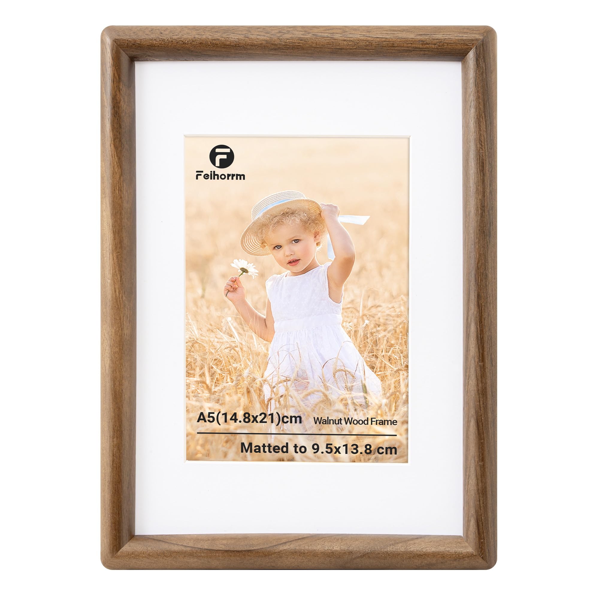Feihorrm A5 Frame, Walnut Solid Wood Picture Frame, A5(14.8x21 cm) Photo Frame Matted to 9.5x13.8 cm Photos, Handcrafted Rounded Corners with HD Tempered Glass, Tabletop & Wall Mount Display — image 1