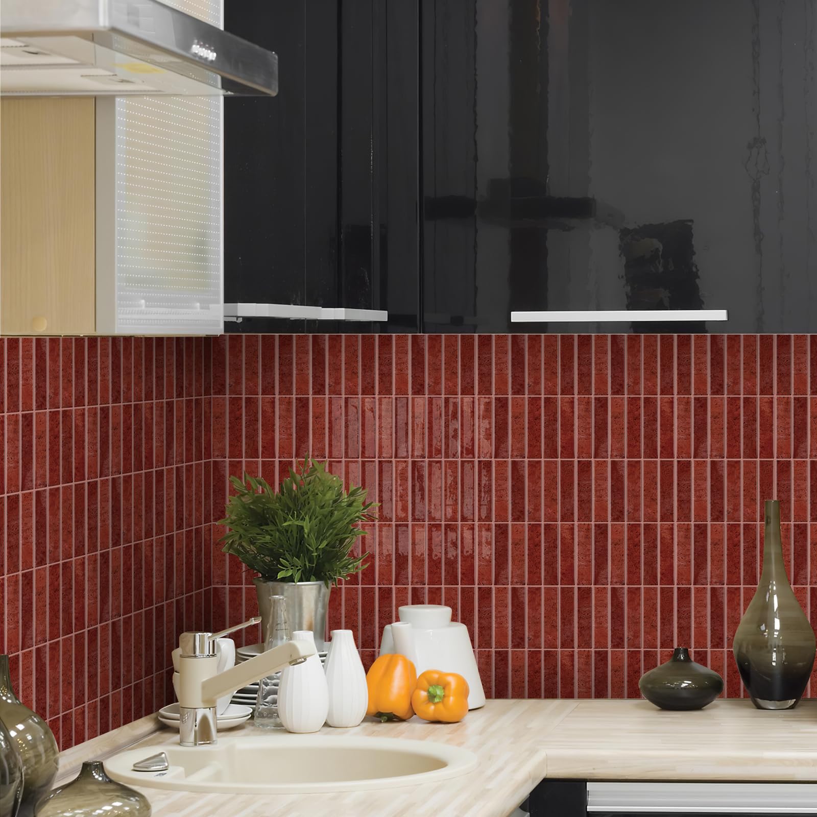 Alwayspon 7.9x10inch/20×25cm×10Pcs Red Marble Style 3D Vinyl Splashback Tiles, Self-adhesive Peel and Stick Wall Tile Stickers Stick on Subway Tiles for Kitchen Bathroom Decor