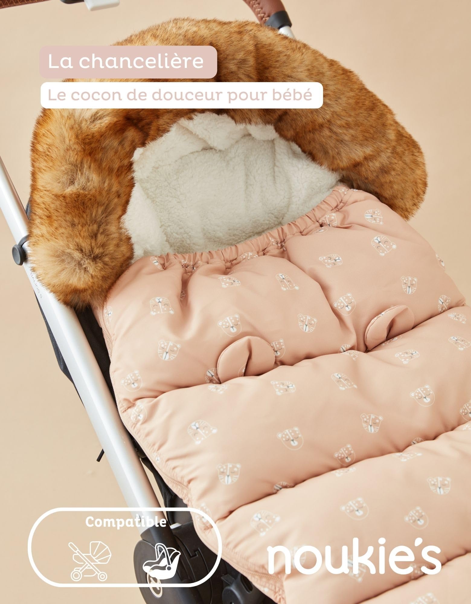 NOUKIE'S - Chancelière déperlante Rose - Coupe-vent - Doublure chaude pour l'hiver - Bébé - Compatible poussette et siège auto - 6 à 36 mois - Motif Félins - Anti-dérapant - 80x50 cm