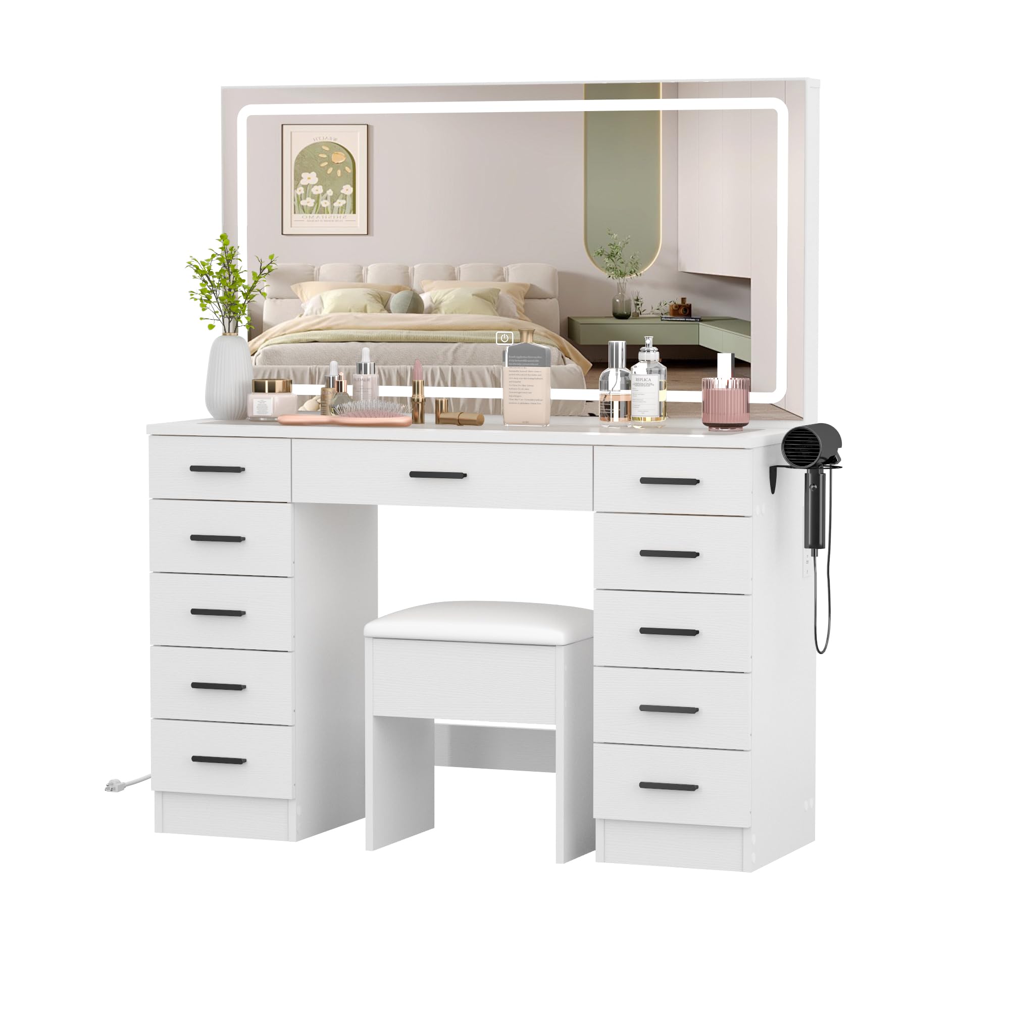 Panana 11-Drawer Vanity Table Set with Stool, 3-Color Adjustable LED Mirror, Transparent Glass Top & Built-in USB Socket, Makeup Dressing Desk for Bedroom, Dressing Room (White)
