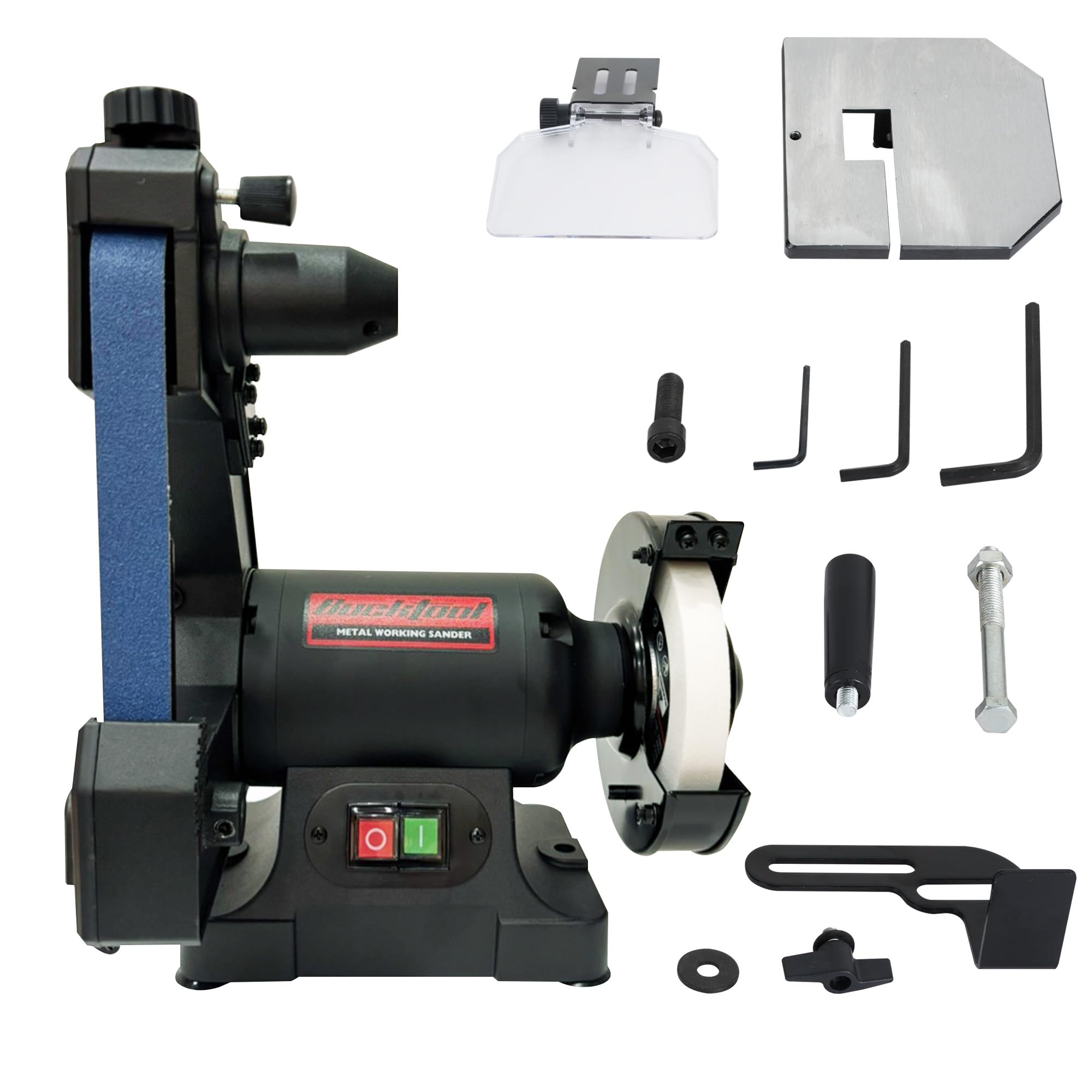 BUCKTOOL Bande abrasive et disque abrasif combiné de 250 W, bande de 25,4 x 762 mm et disque de 150 mm, rangement des clés et retrait facile du couvercle de la courroie