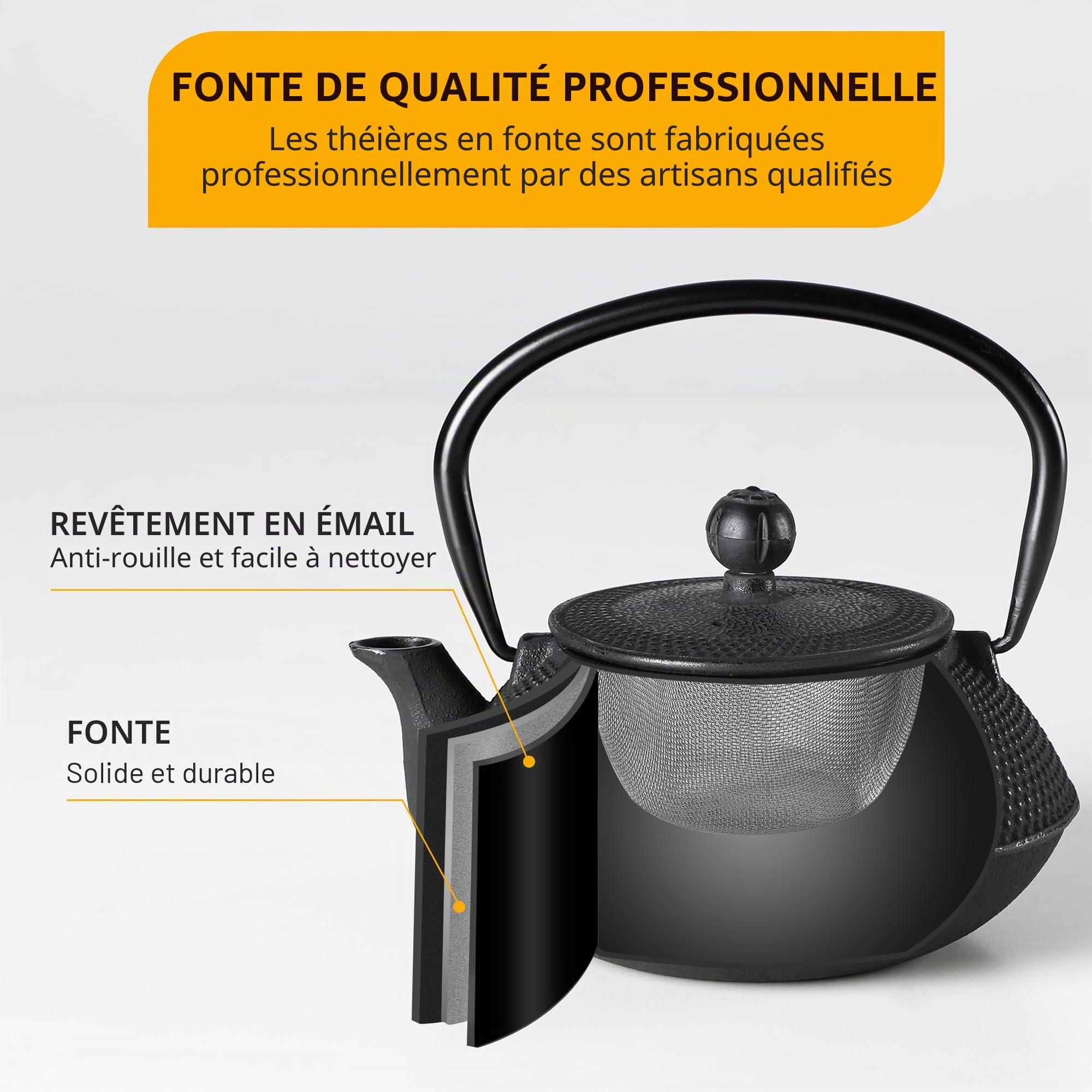 Velaze Théières et 2 Tasses de Thé avec Infuseur, Théière Induction Emaillé Noir de 700ML, Set Teapot en Fer Traditionnel avec Panier en Inoxydable, Plateau en Fonte