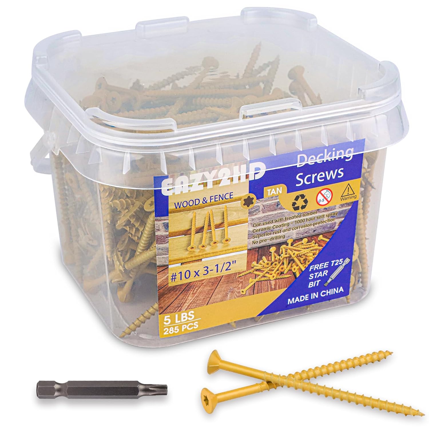 Eazy2hD Exterior Wood Screws # 10 x 3-1/2", T25 Star Torx Drive Deck Screws 285 PCS Flat Head Steel Self Tapping Screws Fasteners, Rust Resistant