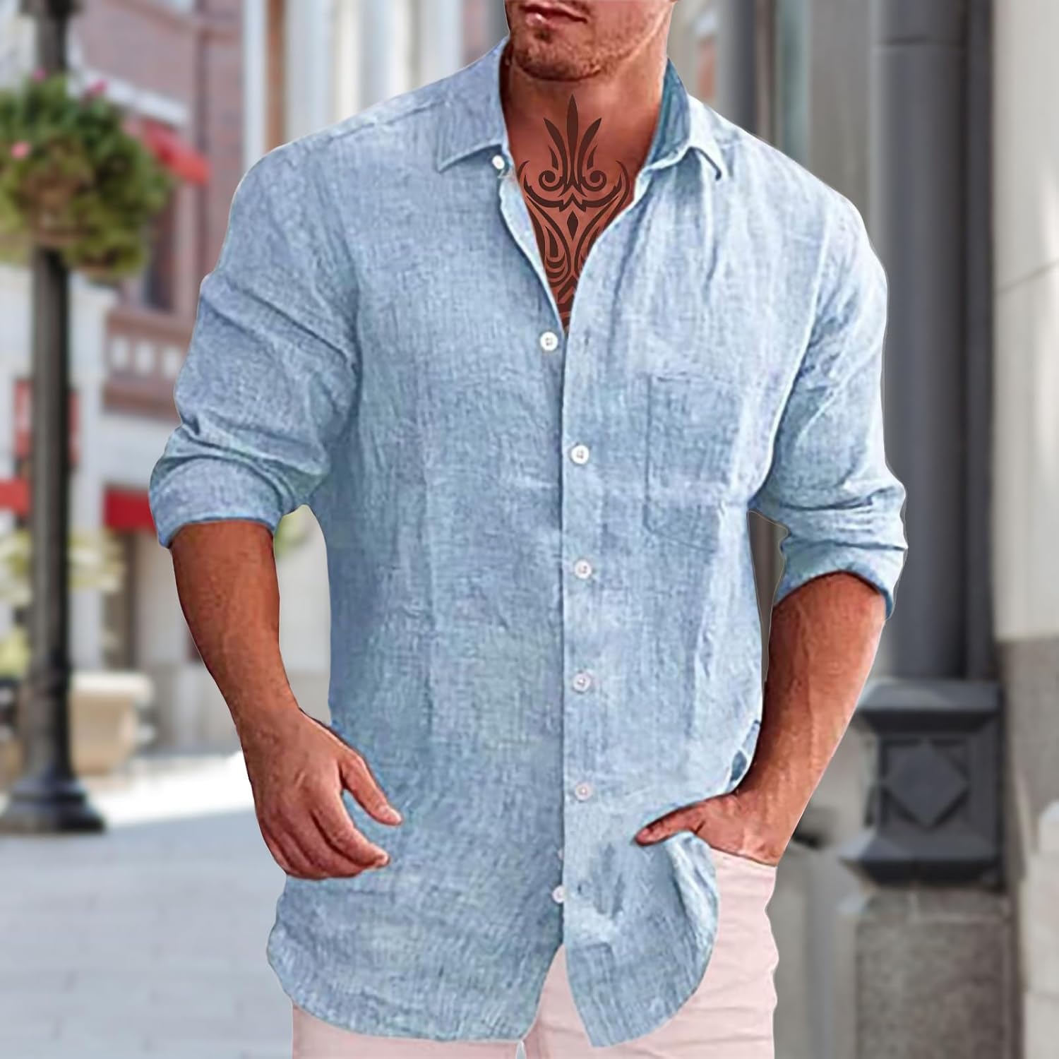 Casual Shirts for Men Plain Relaxed Button Down Streetwear Stretch Long Sleeve V Neck Comfortable Shirt - Image 2