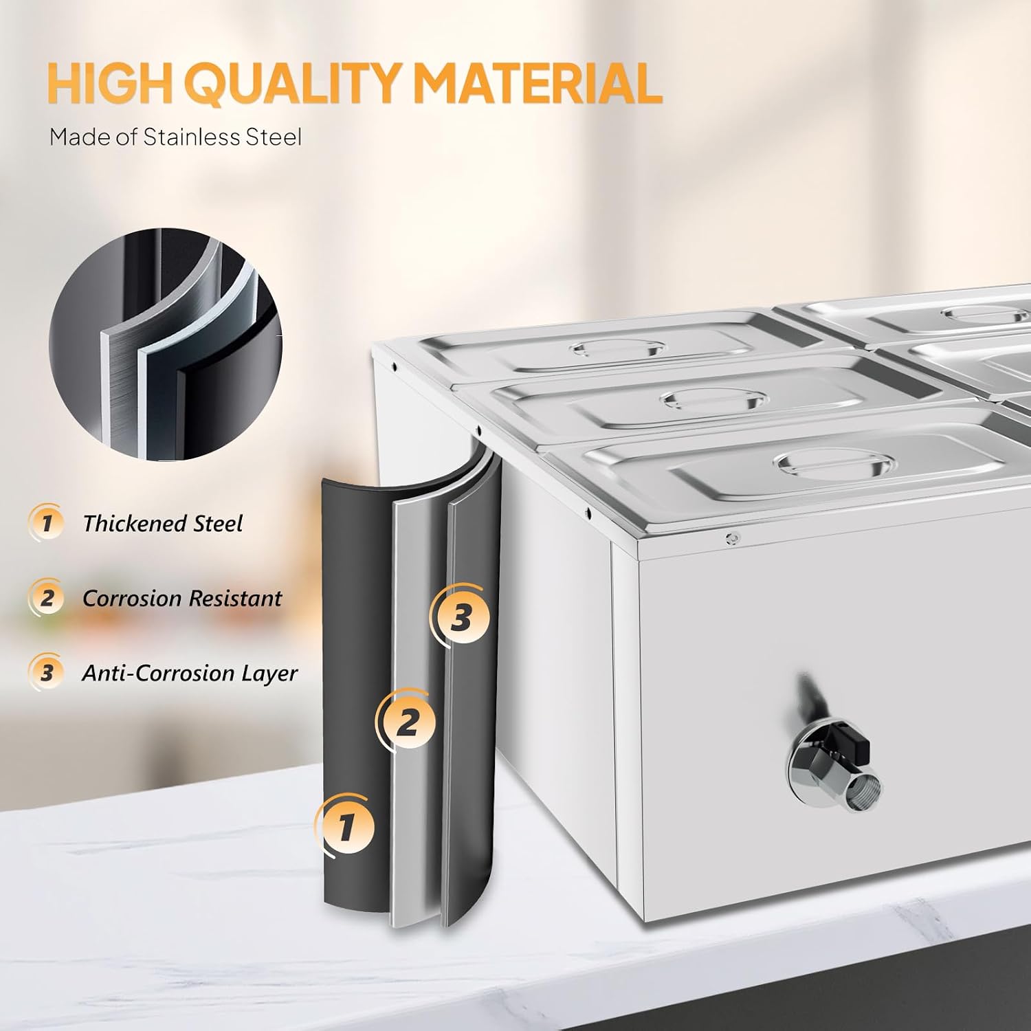 ROVSUN 42.3QT 6-Pan Electric Commercial Food Warmer, 110V Stainless Steel Bain Marie Buffet, 6.9 QT/Pan Stove Steam Table with Temperature Control & Lid for Parties, Catering, Restaurants