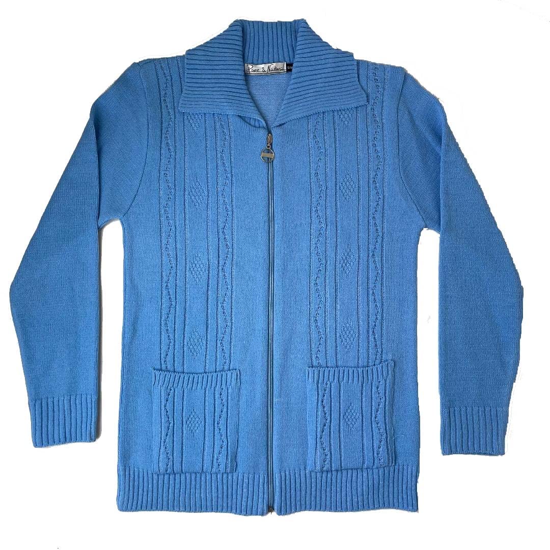 F & S Ltd Women's Blue Pattern Knitted Cardigan Zip Up Closure With Pockets Size S-Xl (, L-Xl)