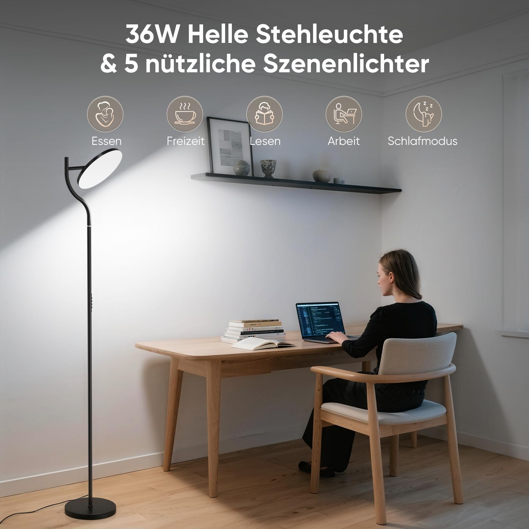 Bonsery Stehlampe Wohnzimmer Stufenlos Dimmbar, 36W Deckenfluter mit 2700K-6500K, Floor Lamp mit Fernbedienung & Touch Steuerung, 350°Drehbare Stehleuchte Modern mit Timer für Schlafzimmer Büro Lesen