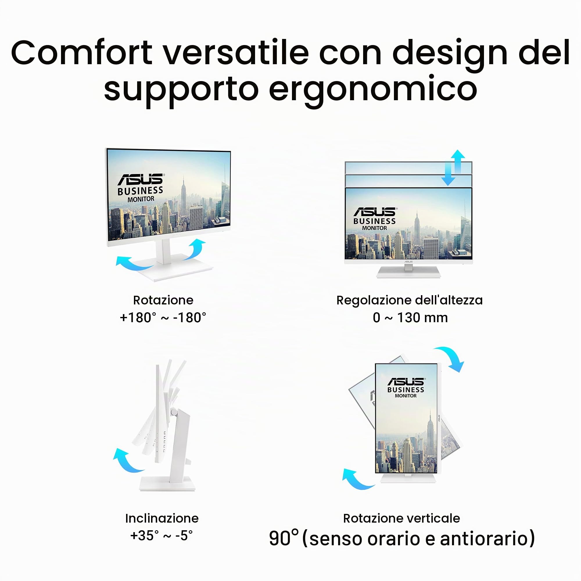 ASUS VA24EQSB-W Monitor Business 24, Full HD, IPS, 75 Hz, Tecnologia Adaptative-Sync a Basse Luci Blu Anti-Sfarfallio, Design Ergonomico Senza Cornice, Montabile a Parete, Bianco