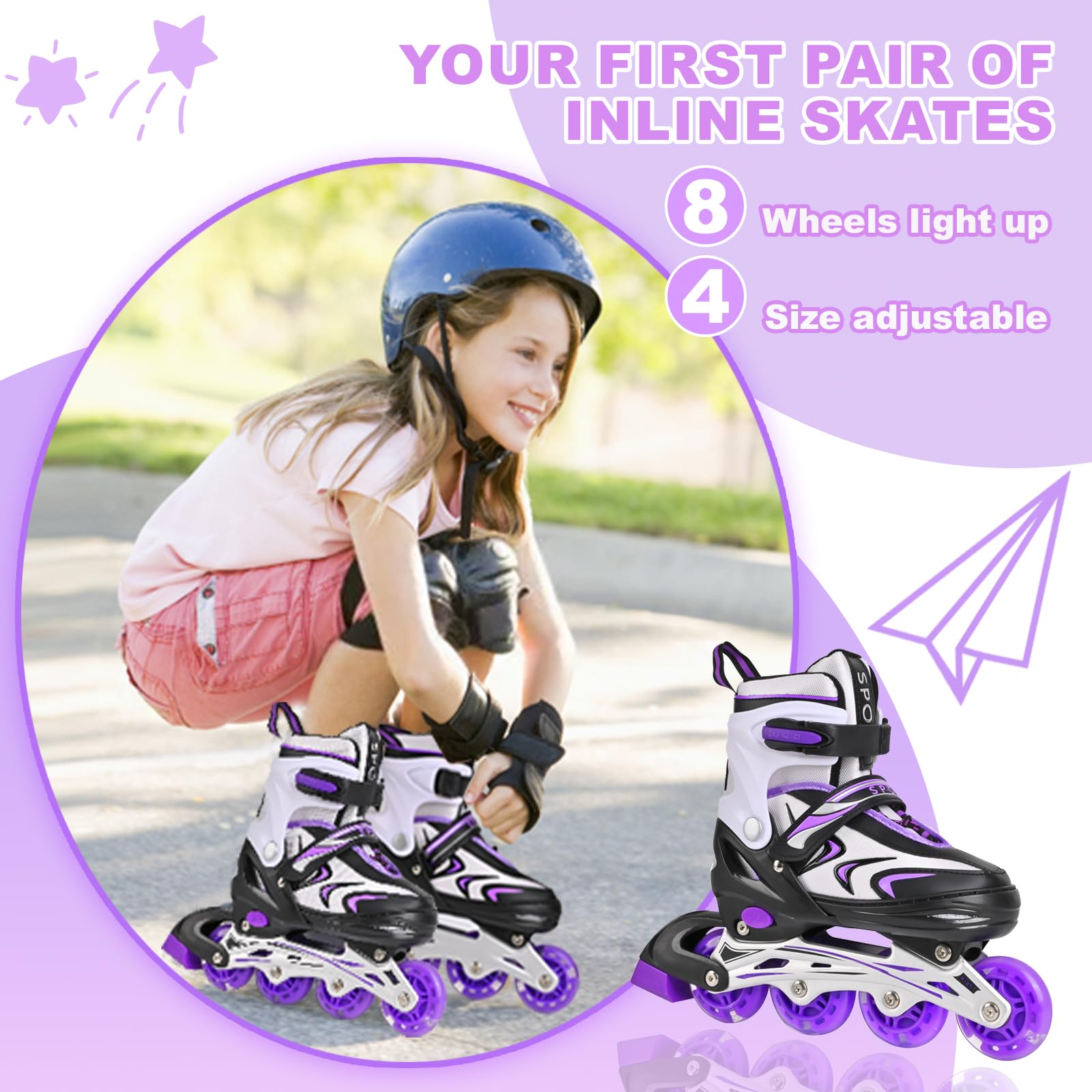 Pattini in linea regolabili per bambini e bambine, pattini a rotelle per bambini e bambine, pattini in linea per ragazze e ragazzi, bambini piccoli, giochi indoor e outdoor (Nero e viola, M)