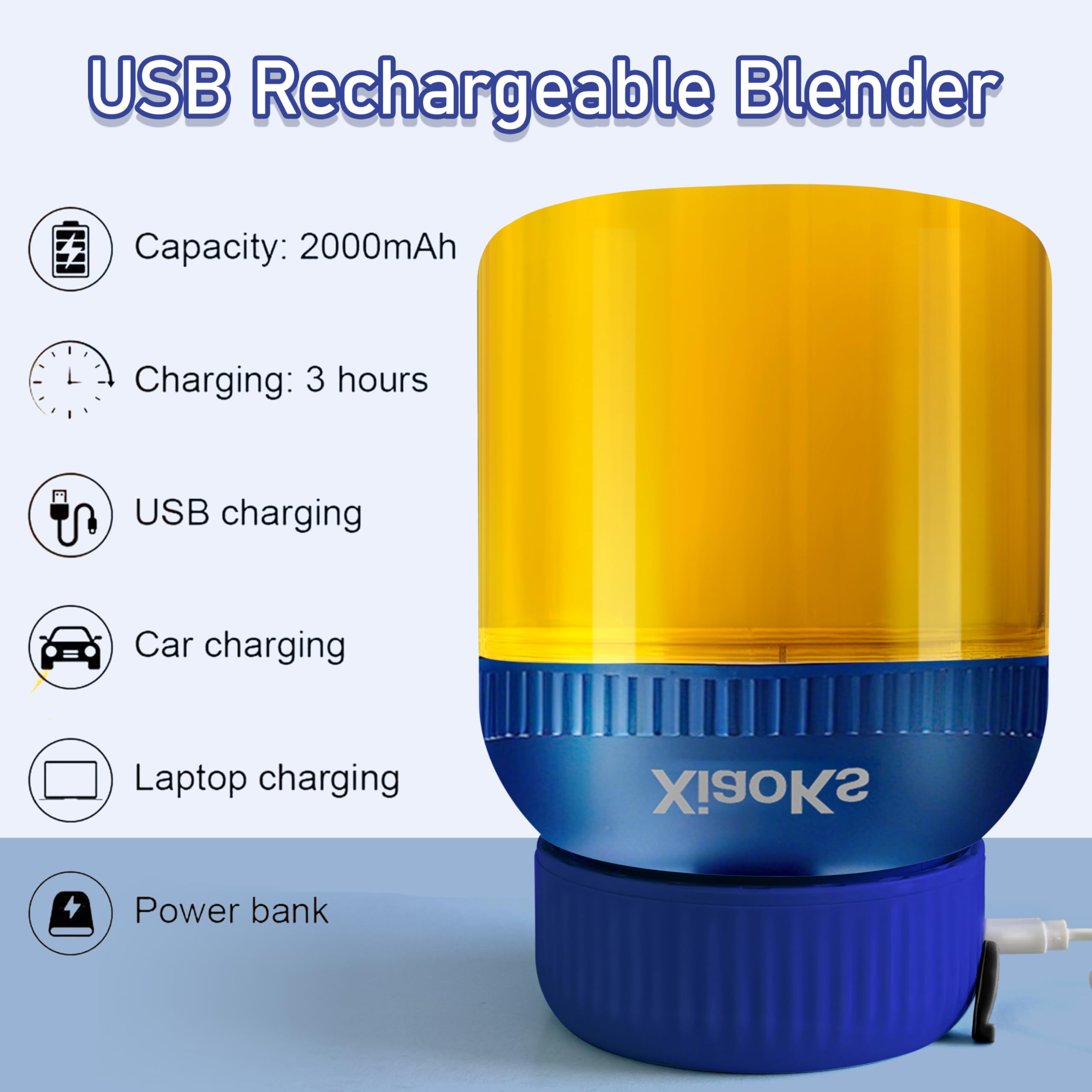 Licuadora portátil personal para batidos y batidos con taza de viaje de 43 onzas, USB recargable con taza y tapa sin BPA, vaso pequeño para cocina, oficina, viajes, gimnasio (azul)