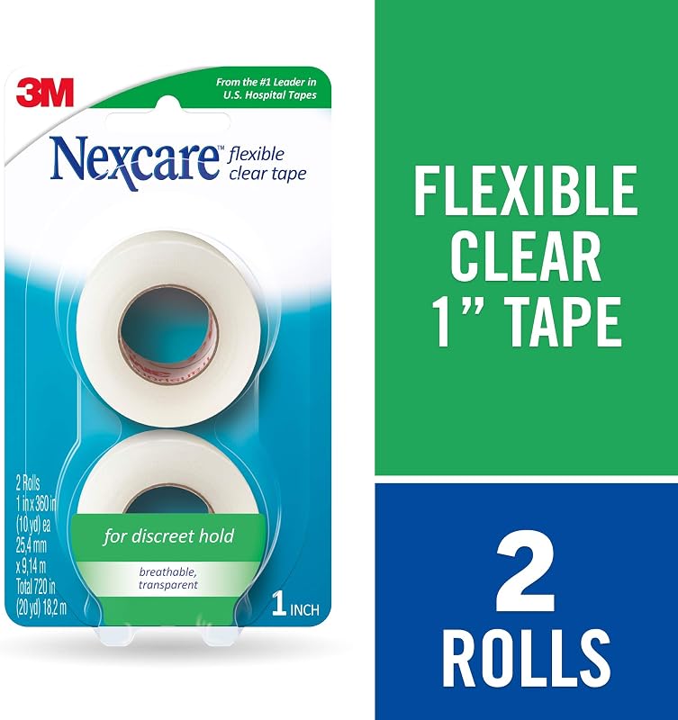 Nexcare Flexible Clear Tape, Waterproof Transparent Medical Tape, Secures Dressings and Catheter Tubing - 1 In x 10 Yds, 2 Rolls of Tape