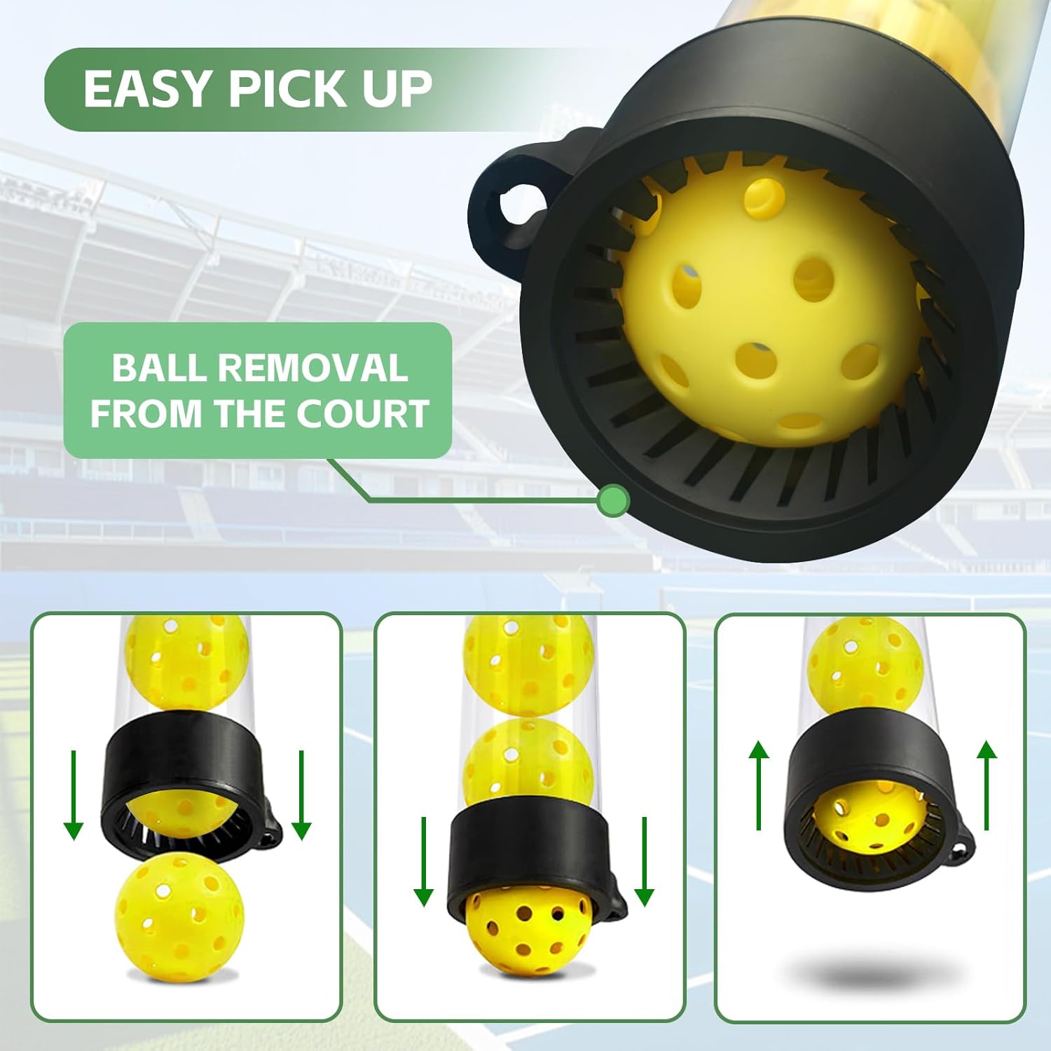 Tennis Ball & Pickleball Picker Holds 14 Balls, Ball Pickup Tube with Shoulder Strap, Lightweight Easy Pickup Portable Ball Holder, Pickleball & Tennis Ball Hopper