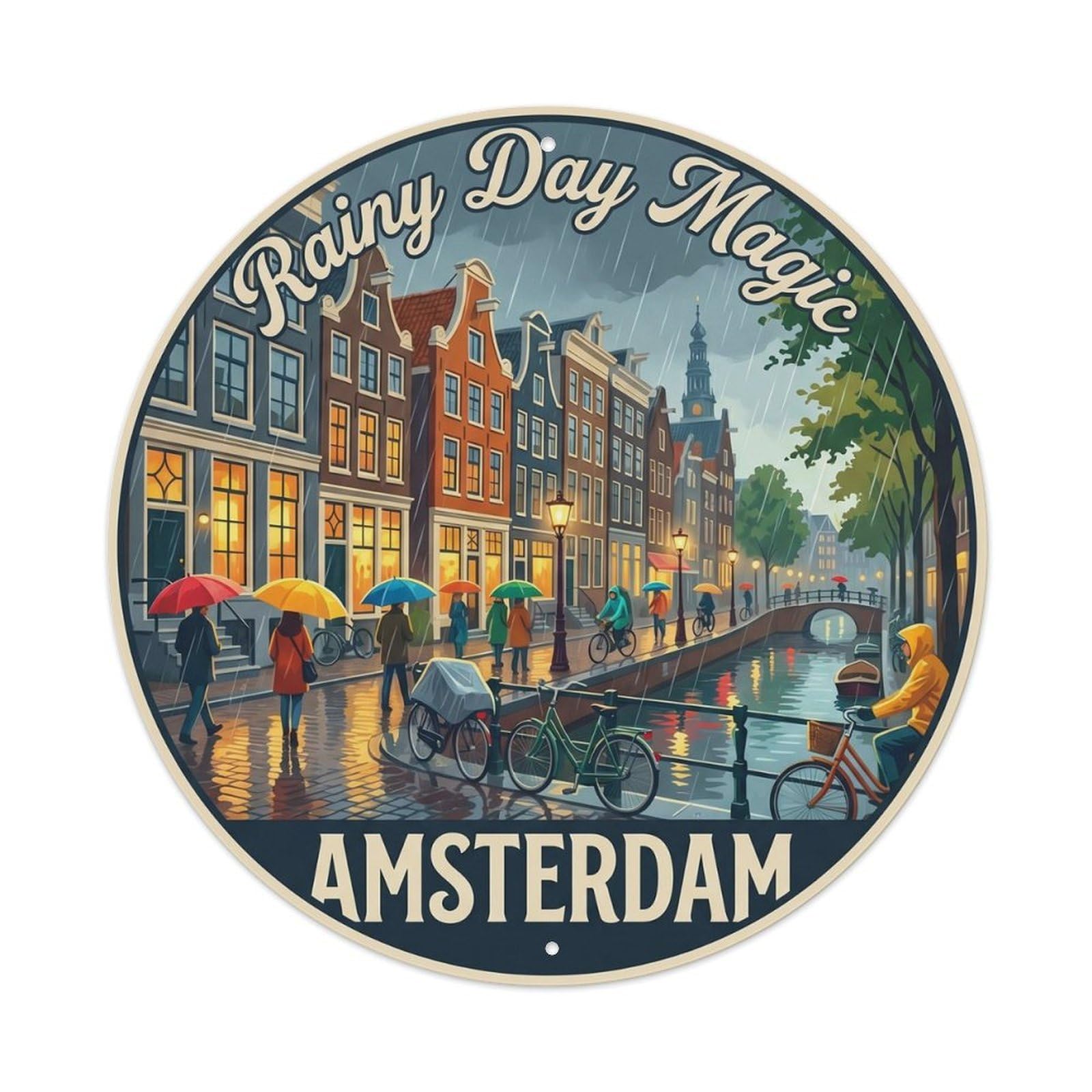 Amsterdam Rainy Day Destination Scenery Landmark City Metal Tin Sign Plaque Wall Decor for Cafe, Man Cave, Club Bar, Office, Home Garden Round Metal Poster 8x8Inch