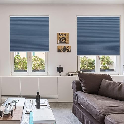 Miniatura 9 de Persianas celulares opacas sin cordón, con diseño de panal de abeja, persianas para oscurecer la habitación, color azul océano y blanco, 35 pulgadas
